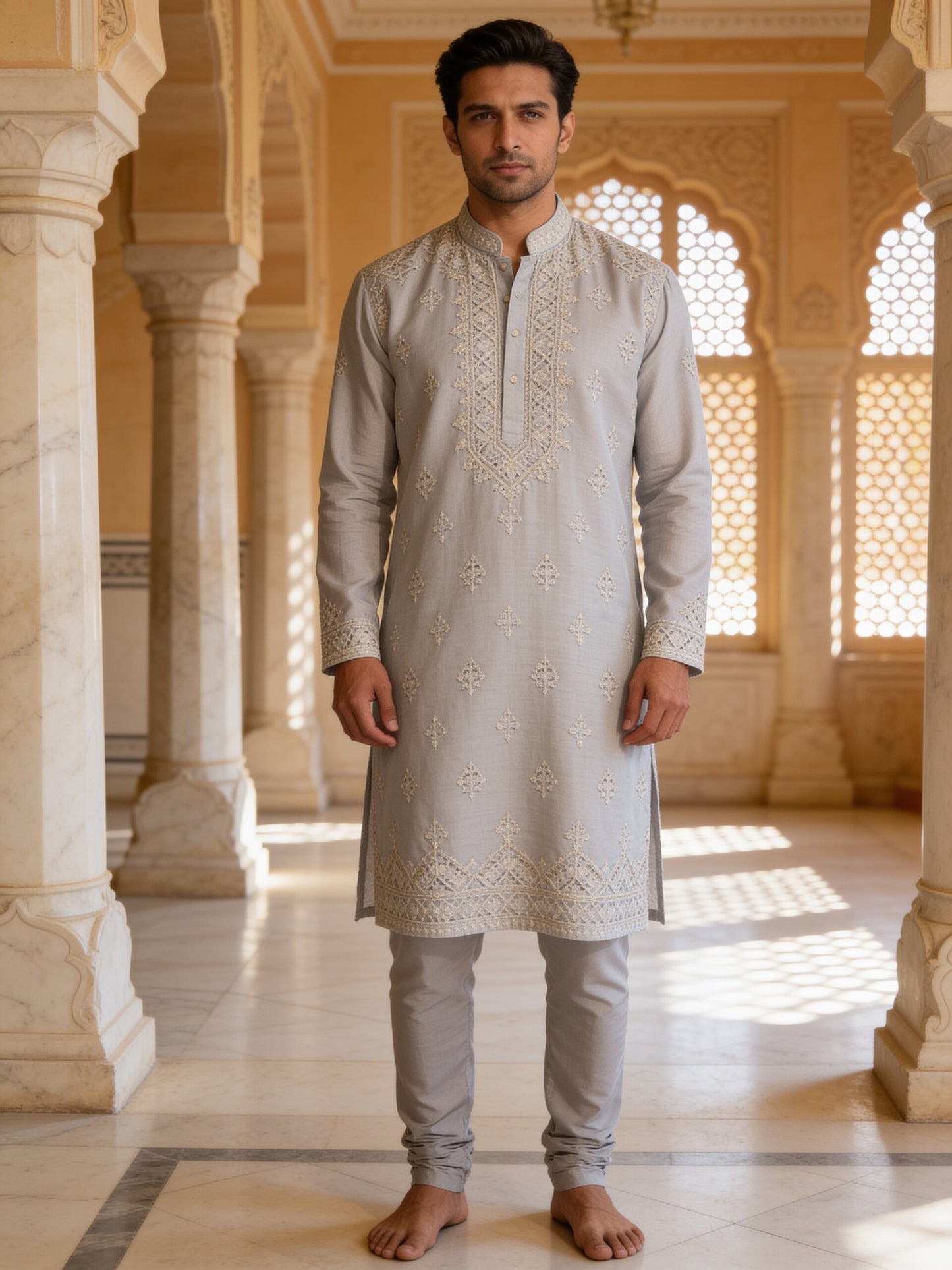 Herringbone & Sui — Chikankari Kurta — Light Grey, palace front