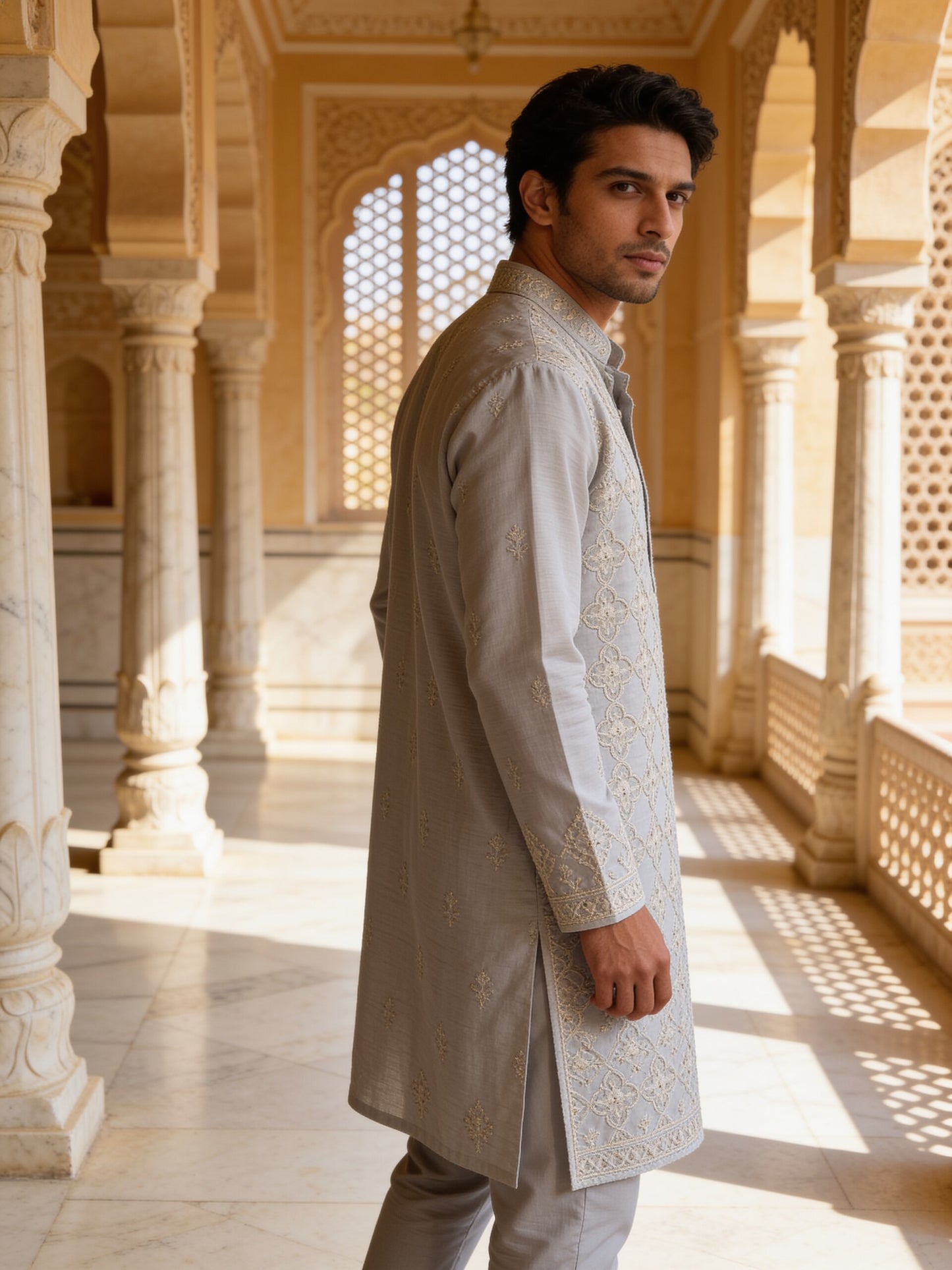 Herringbone & Sui — Chikankari Kurta — Light Grey, palace three-quarter