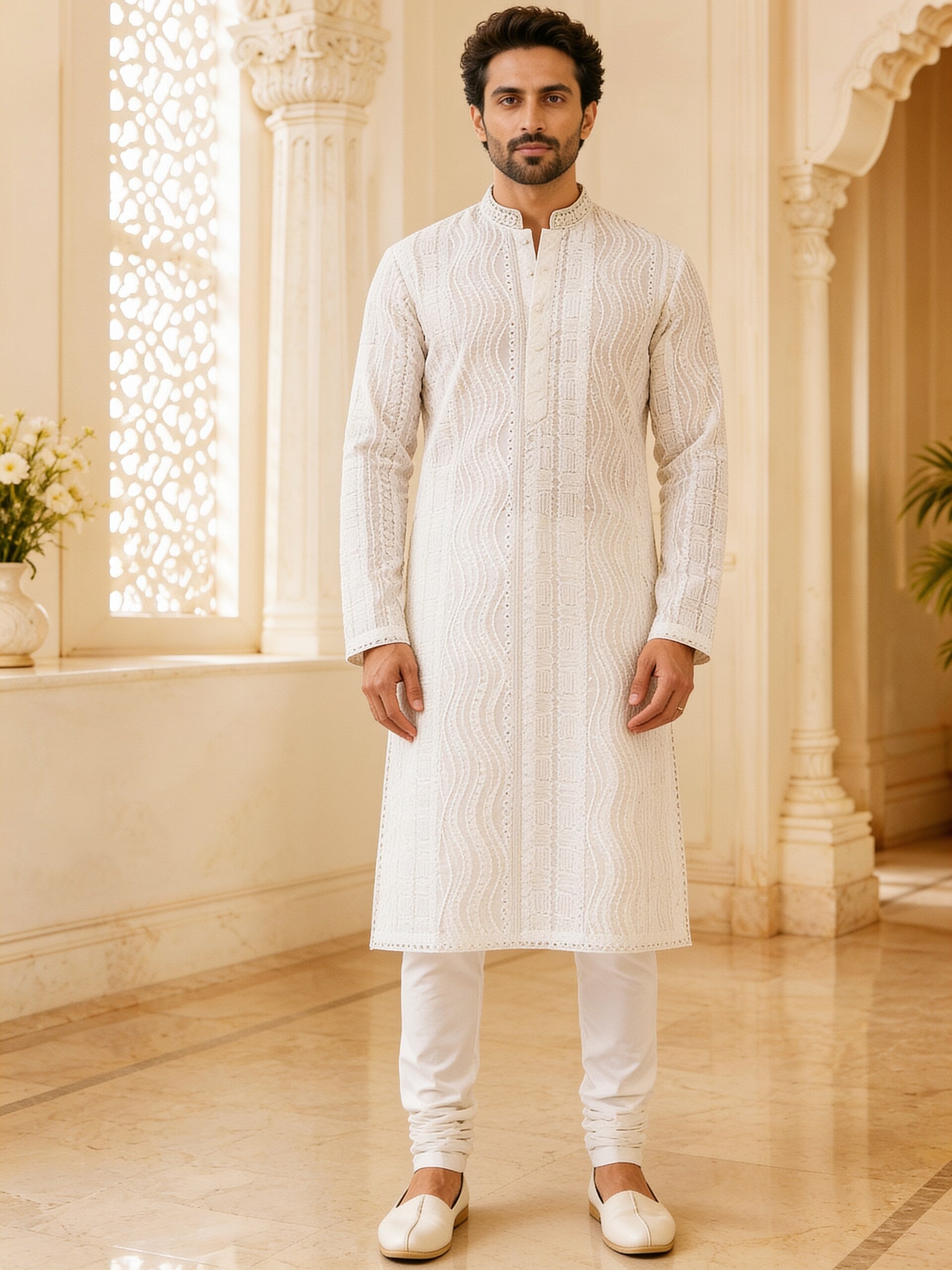 Herringbone & Sui — Chikankari Kurta — White, palace front