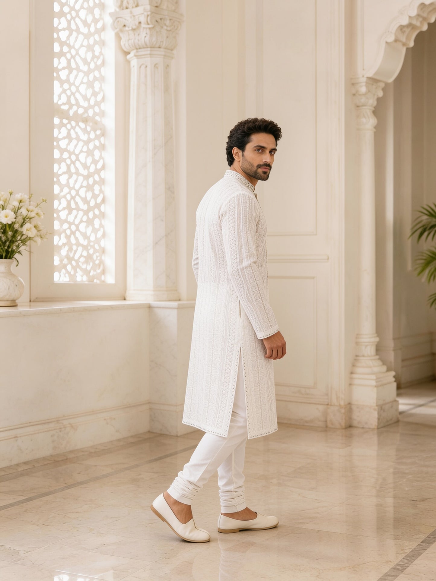 Herringbone & Sui — Chikankari Kurta — White, palace three-quarter