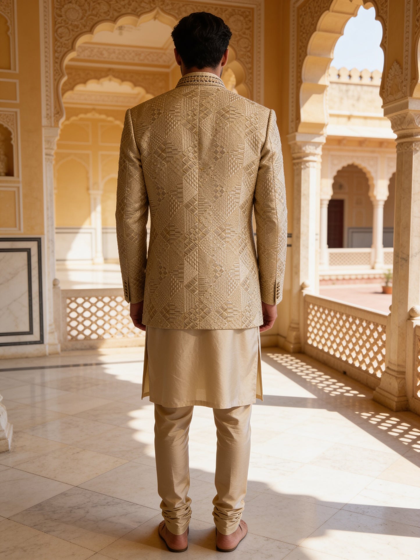 Herringbone & Sui — Embroidered Bandhgala Set — Champagne, palace back