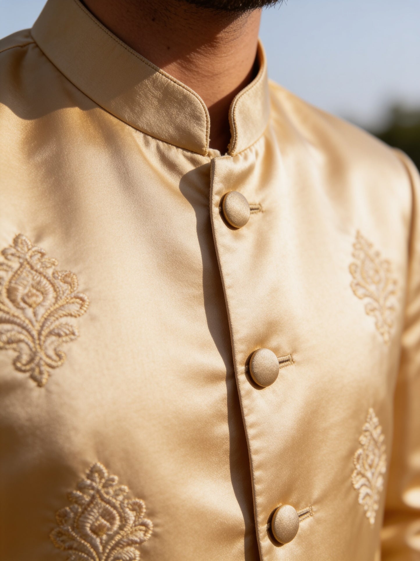 Herringbone & Sui — Embroidered Bandhgala Set — Champagne, palace macro