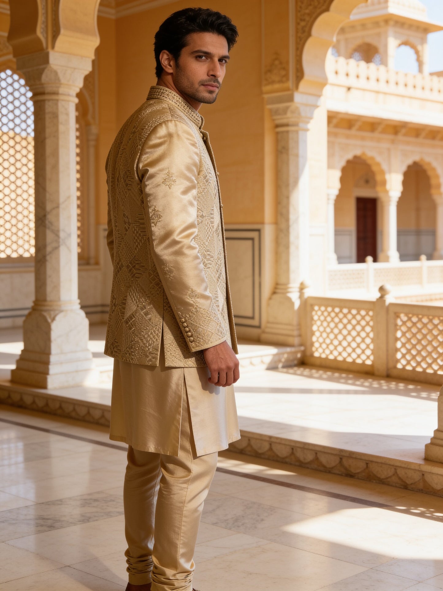 Herringbone & Sui — Embroidered Bandhgala Set — Champagne, palace three-quarter