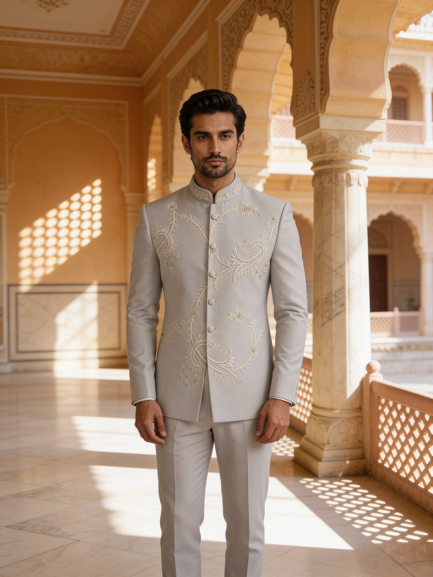 Herringbone & Sui — Embroidered Bandhgala Suit — Grey, palace front