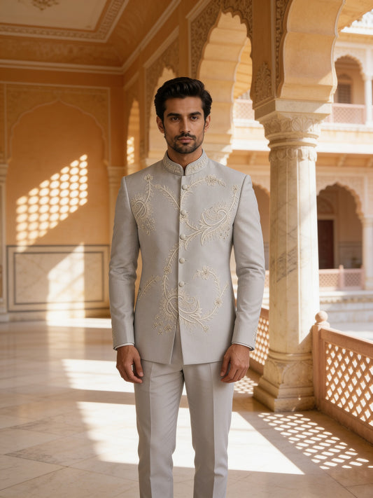 Herringbone & Sui — Embroidered Bandhgala Suit — Grey, palace front