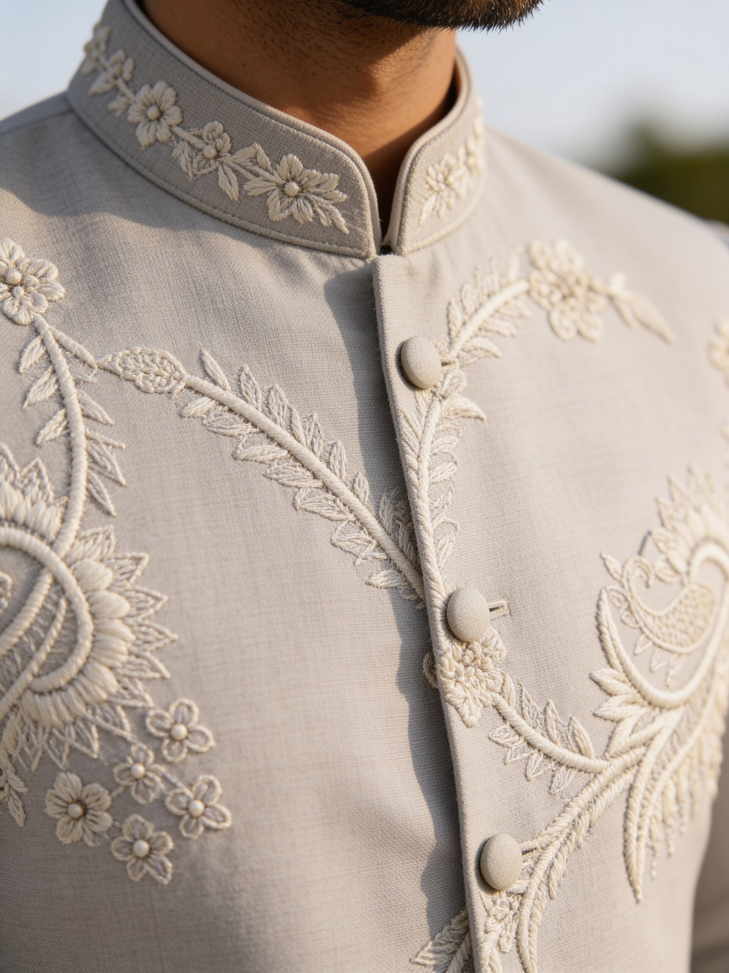 Herringbone & Sui — Embroidered Bandhgala Suit — Grey, palace macro
