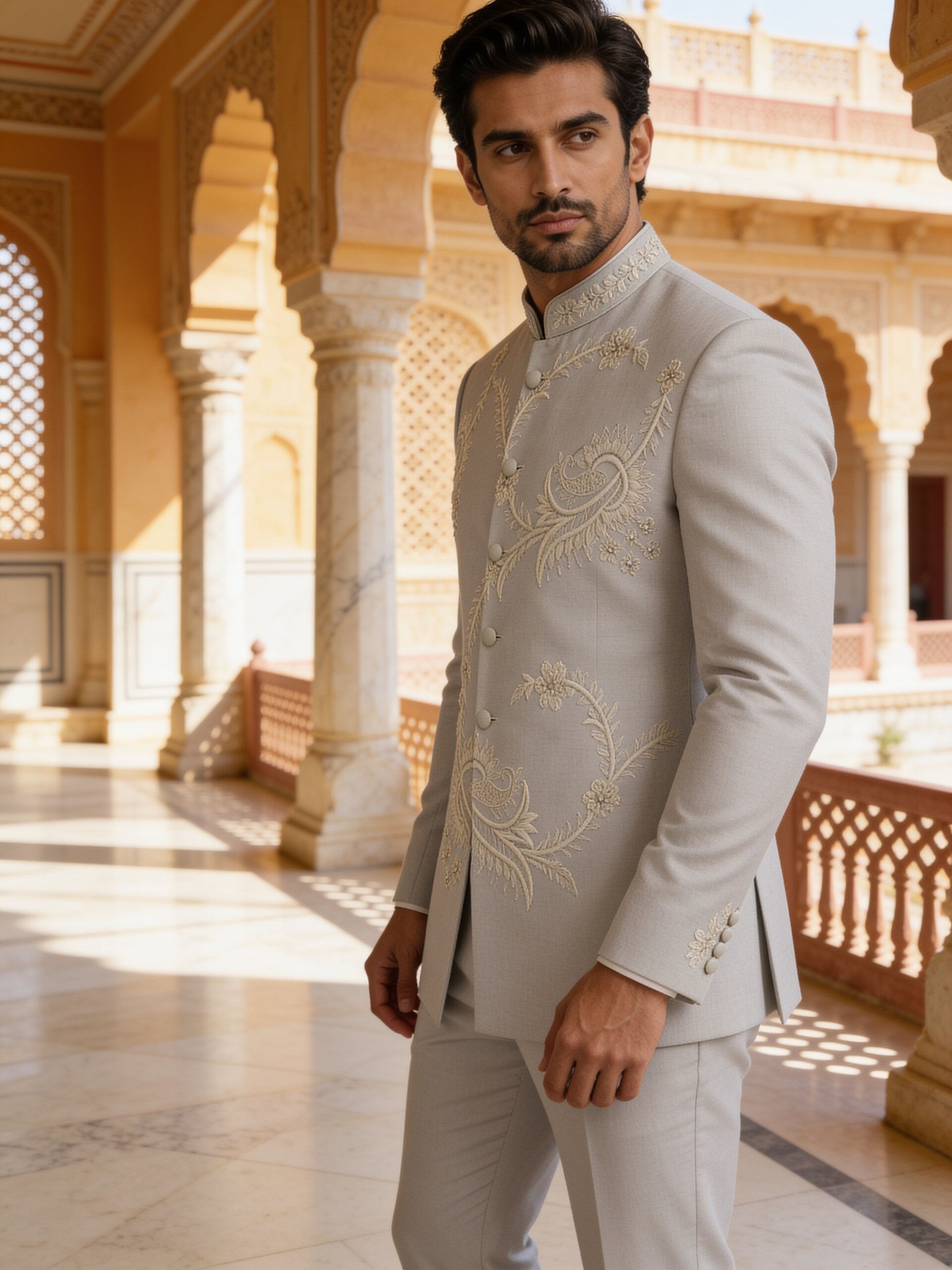 Herringbone & Sui — Embroidered Bandhgala Suit — Grey, palace three-quarter