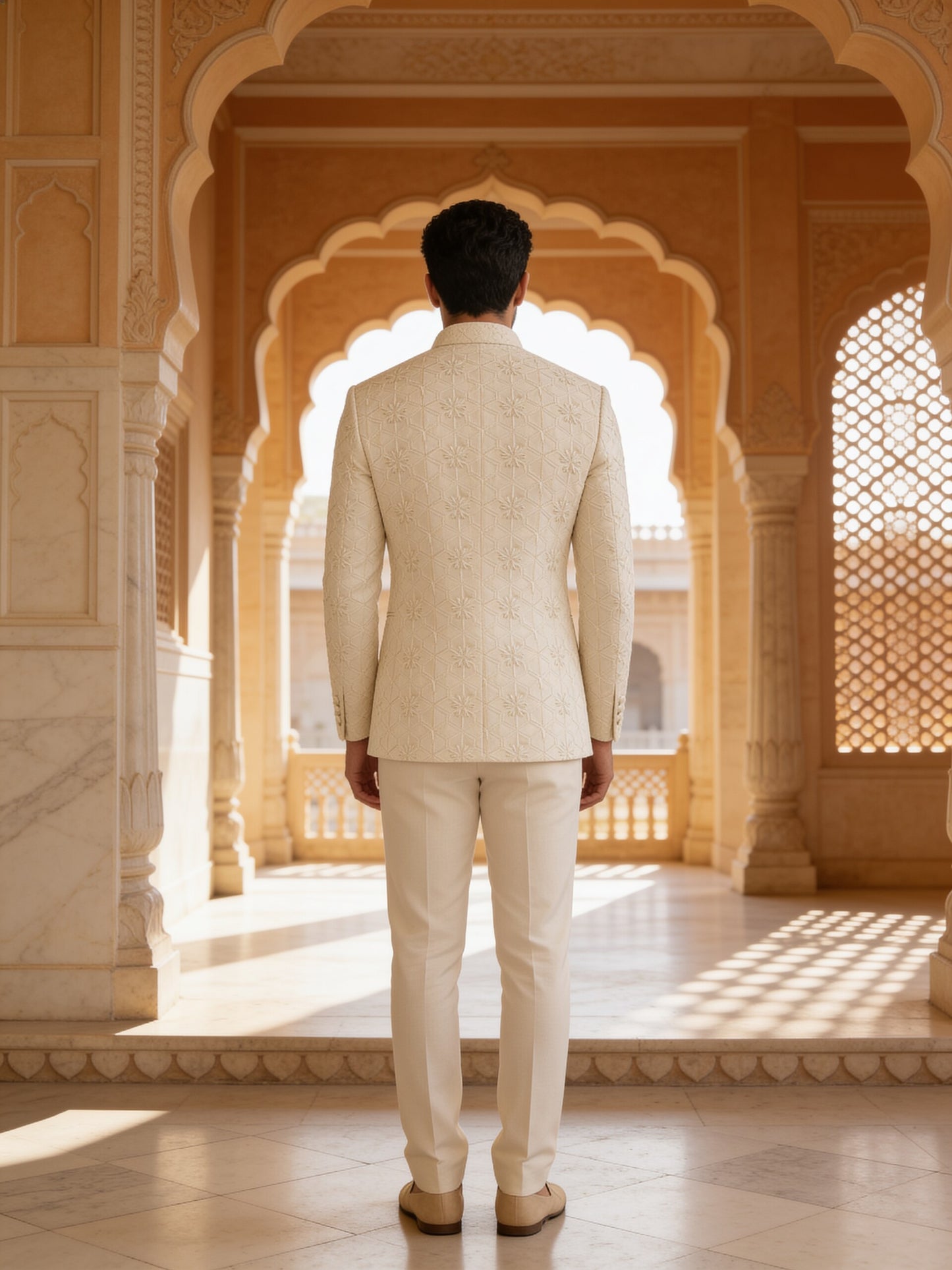 Herringbone & Sui — Embroidered Bandhgala Suit — Ivory, palace back