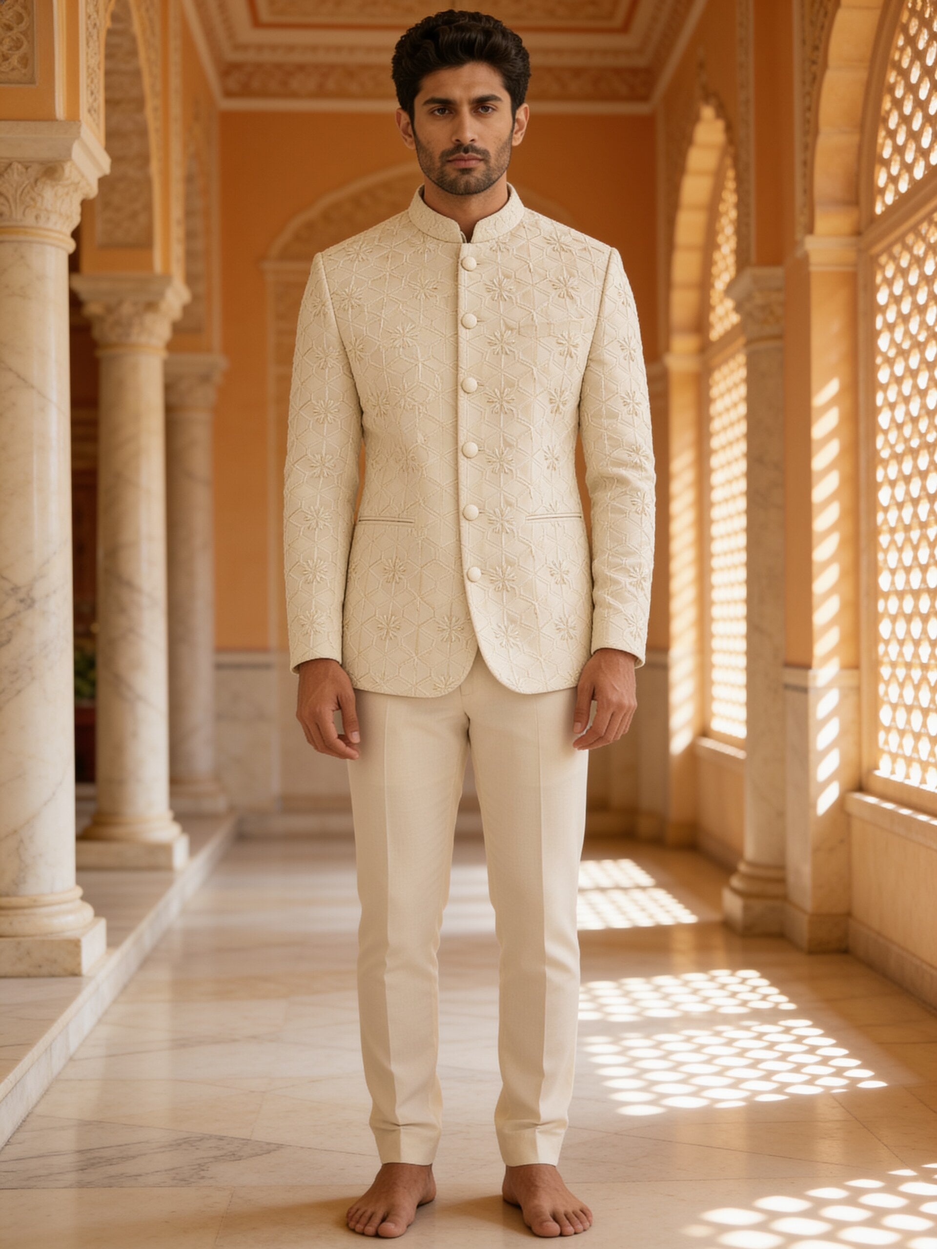 Herringbone & Sui — Embroidered Bandhgala Suit — Ivory, palace front
