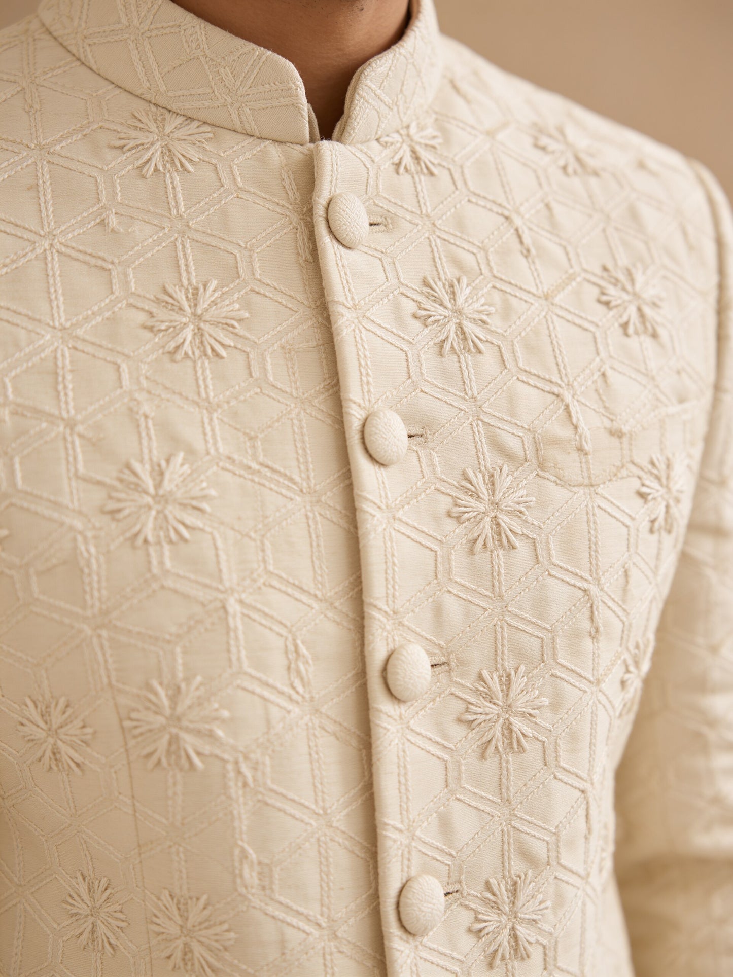 Herringbone & Sui — Embroidered Bandhgala Suit — Ivory, palace macro