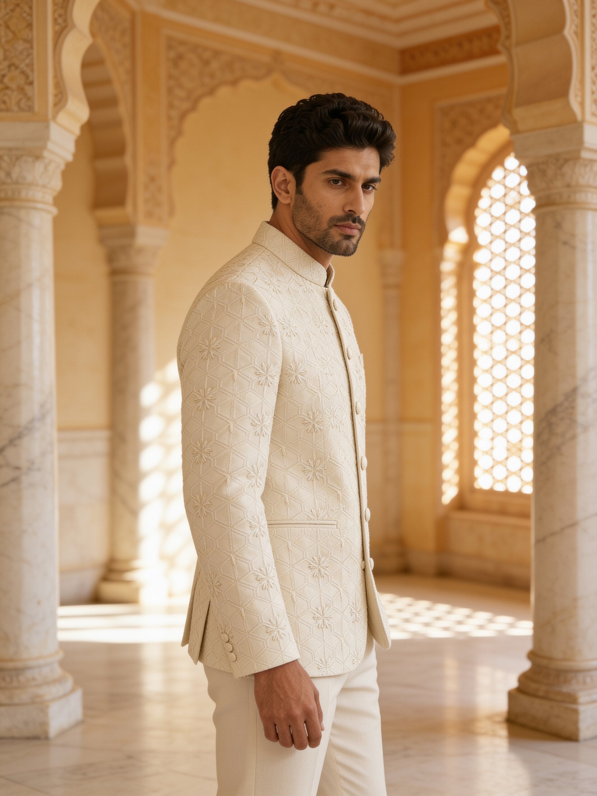 Herringbone & Sui — Embroidered Bandhgala Suit — Ivory, palace three-quarter