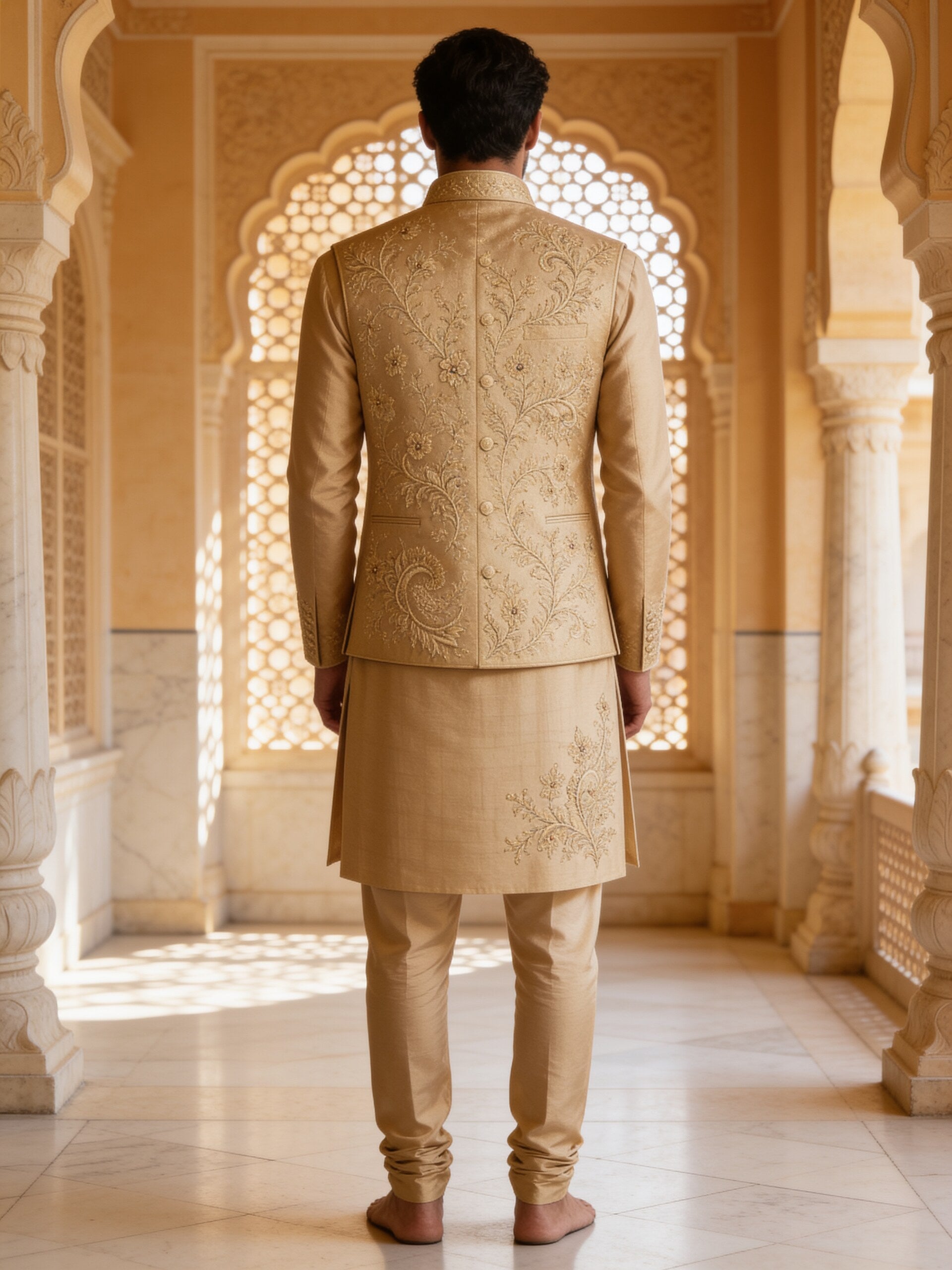 Herringbone & Sui — Embroidered Bundi Set — Champagne, palace back