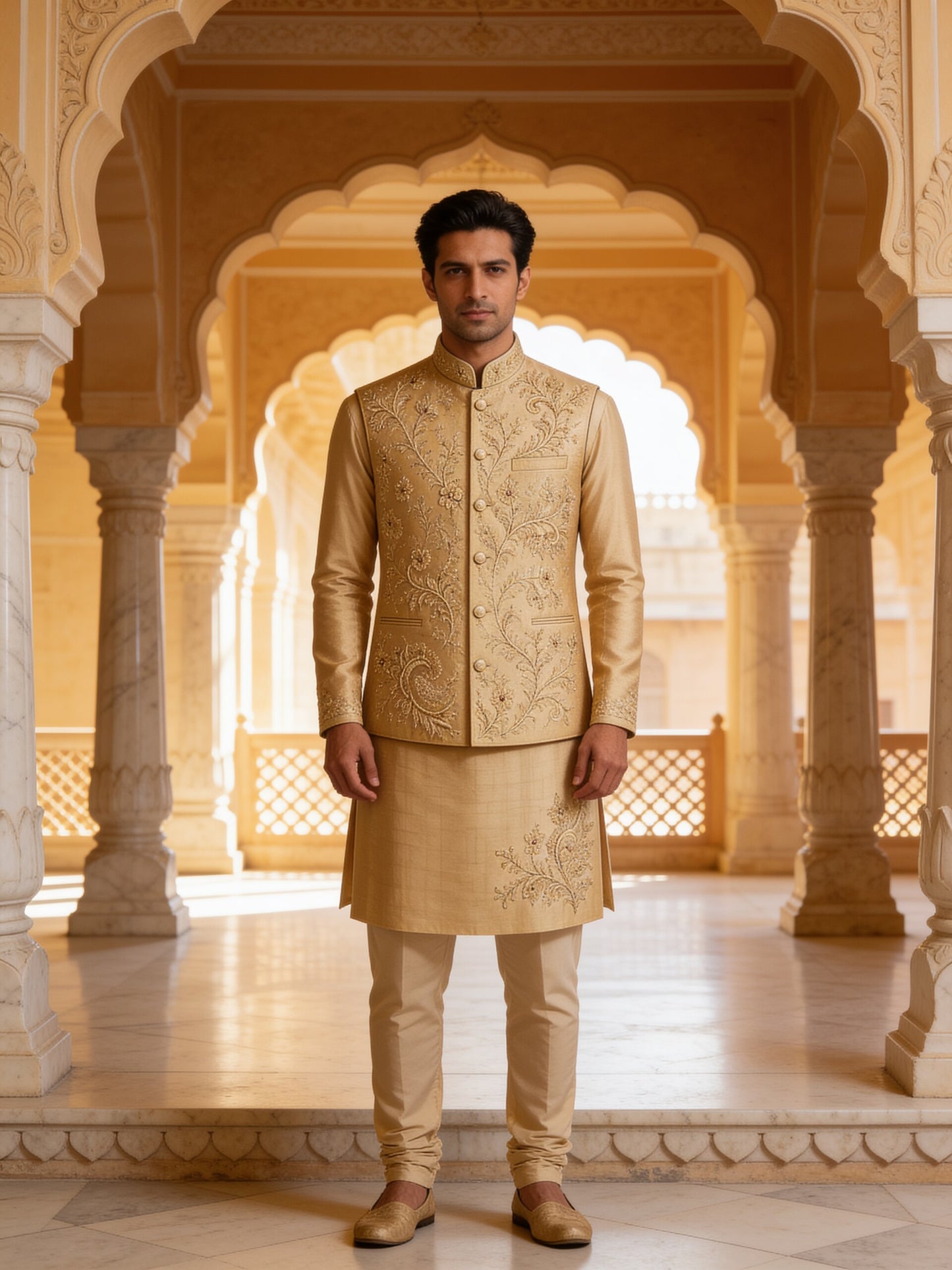 Herringbone & Sui — Embroidered Bundi Set — Champagne, palace front