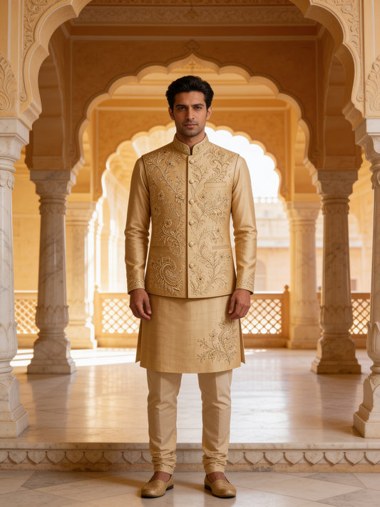 Herringbone & Sui — Embroidered Bundi Set — Champagne, palace front