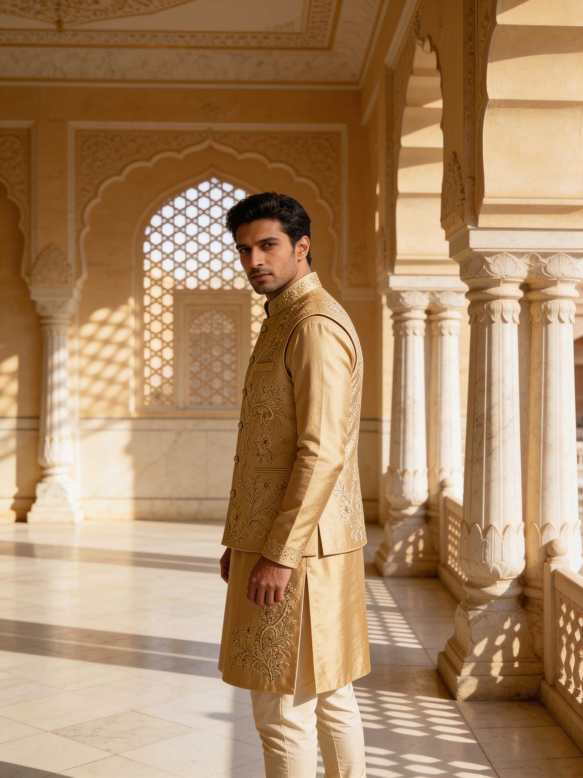 Herringbone & Sui — Embroidered Bundi Set — Champagne, palace three-quarter