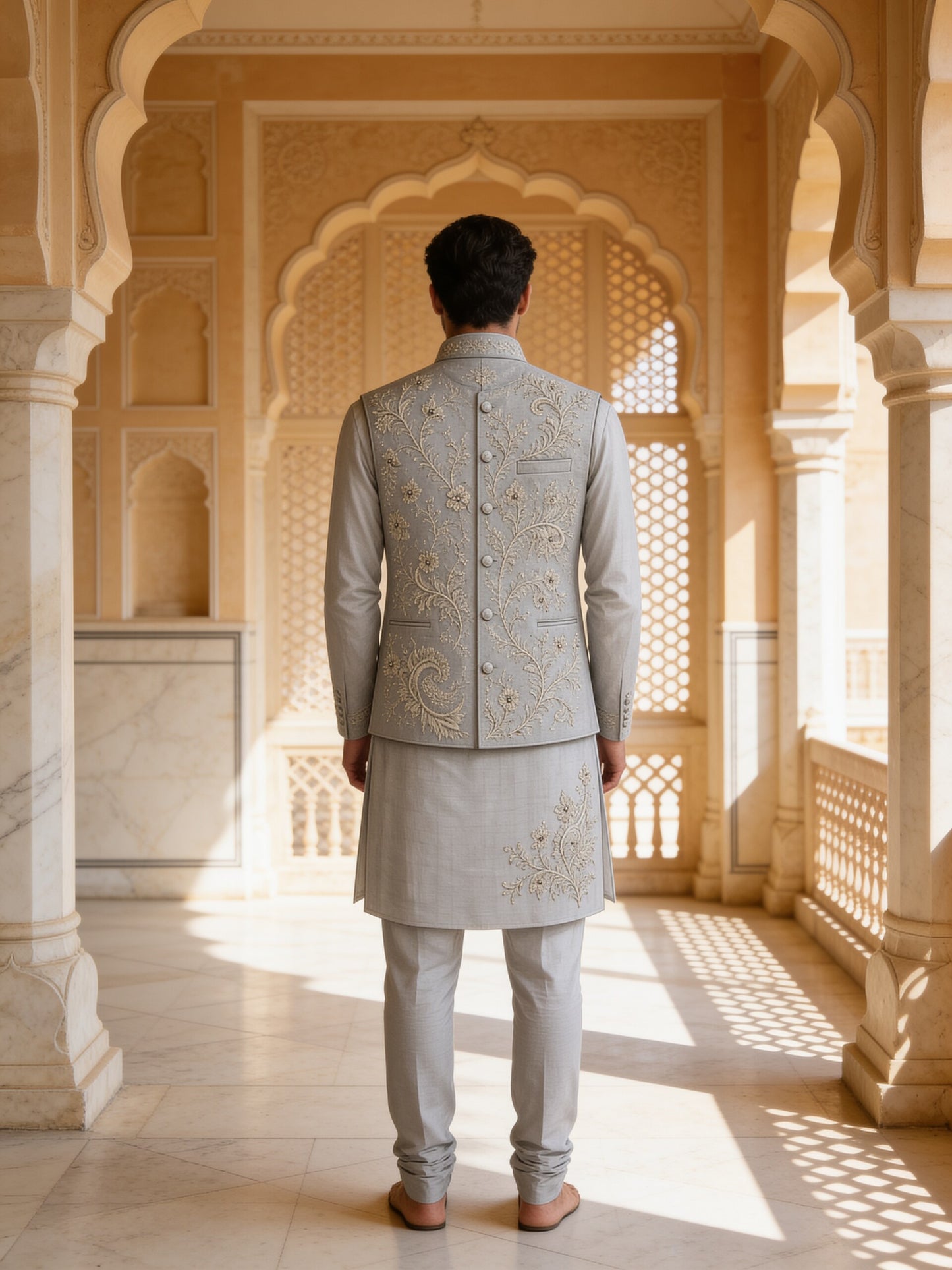 Herringbone & Sui — Embroidered Bundi Set — Grey, palace back