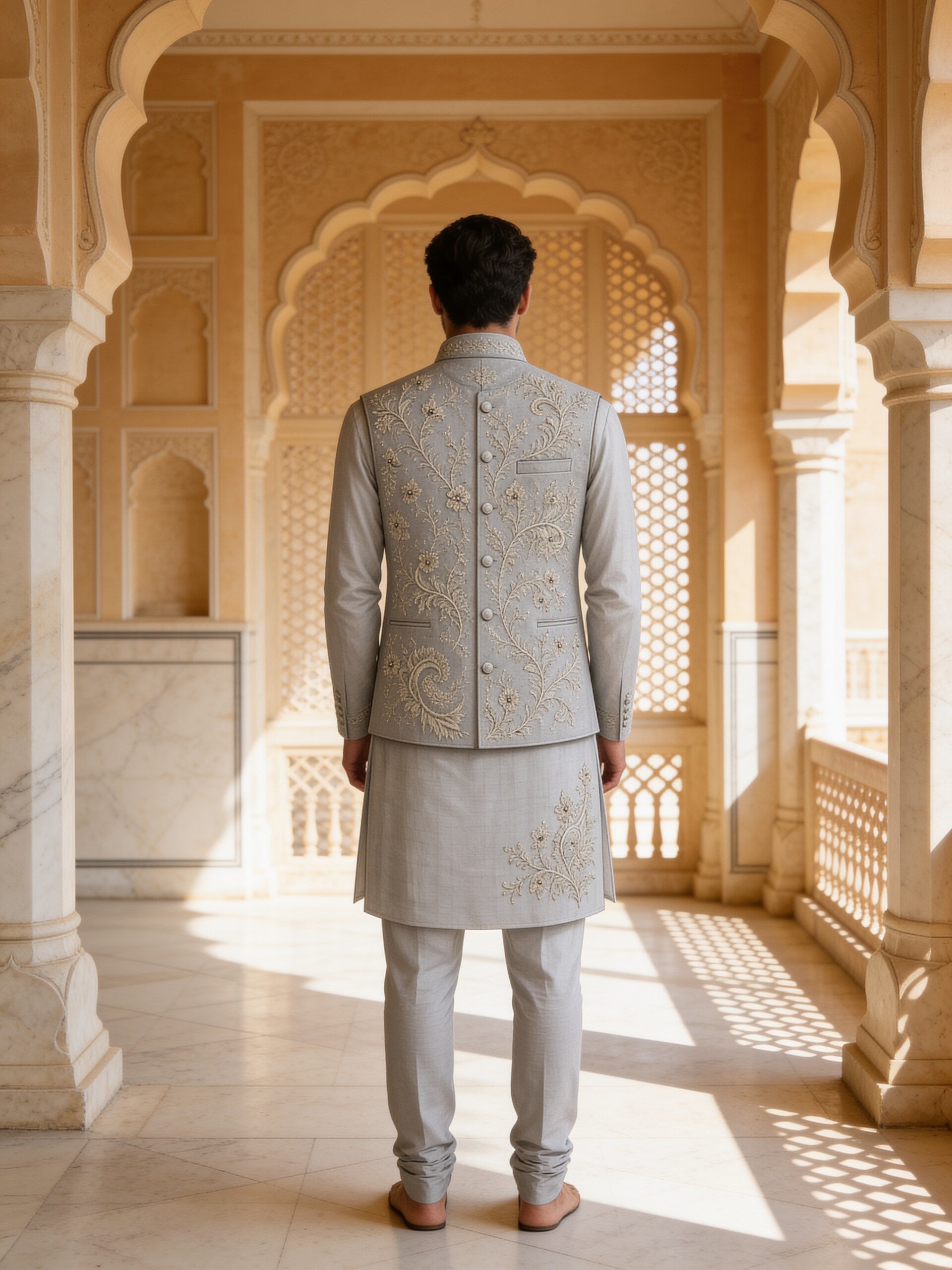 Herringbone & Sui — Embroidered Bundi Set — Grey, palace back