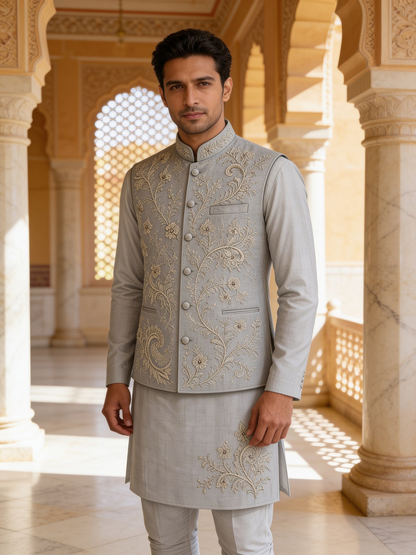 Herringbone & Sui — Embroidered Bundi Set — Grey, palace front