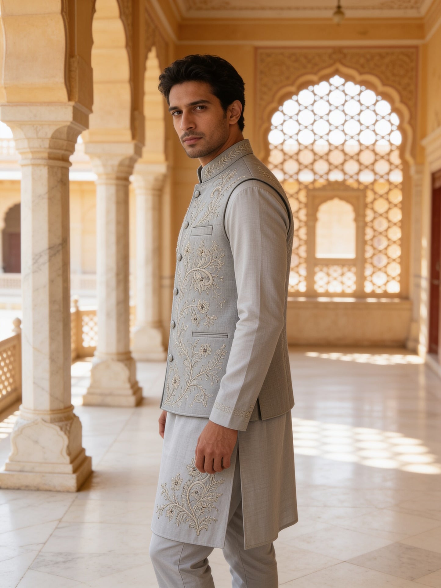 Herringbone & Sui — Embroidered Bundi Set — Grey, palace three-quarter