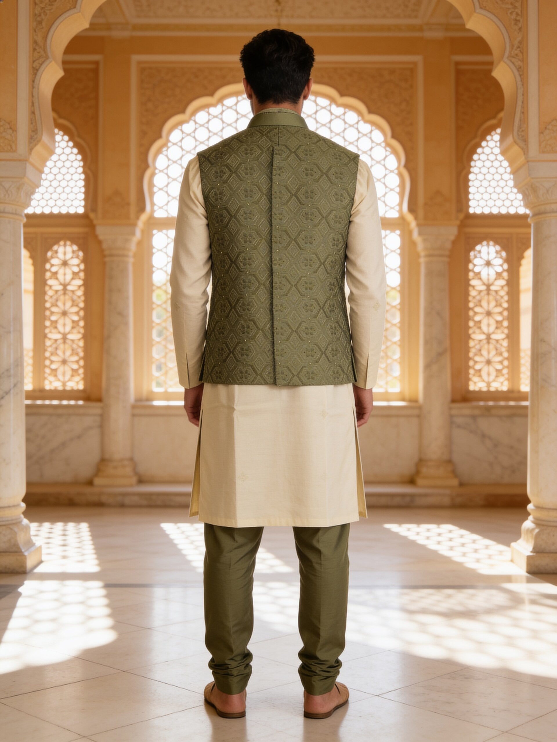 Herringbone & Sui — Embroidered Bundi Set — Olive, palace back