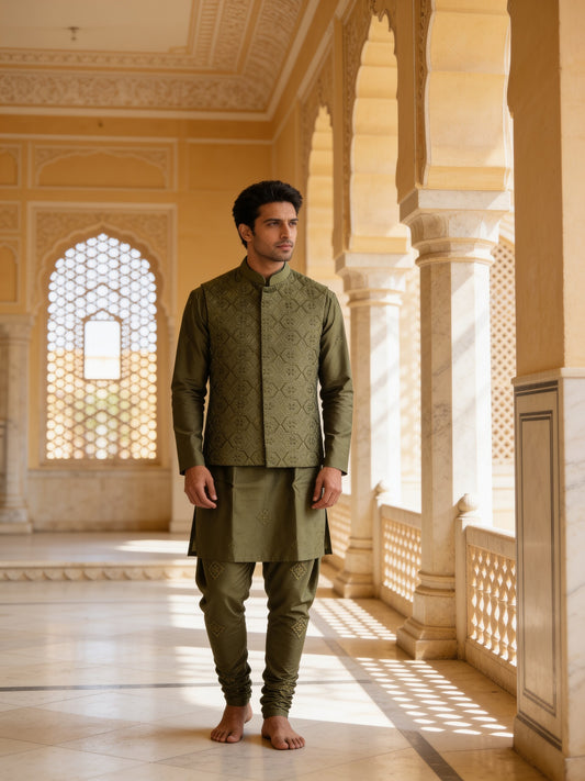 Herringbone & Sui — Embroidered Bundi Set — Olive, palace front