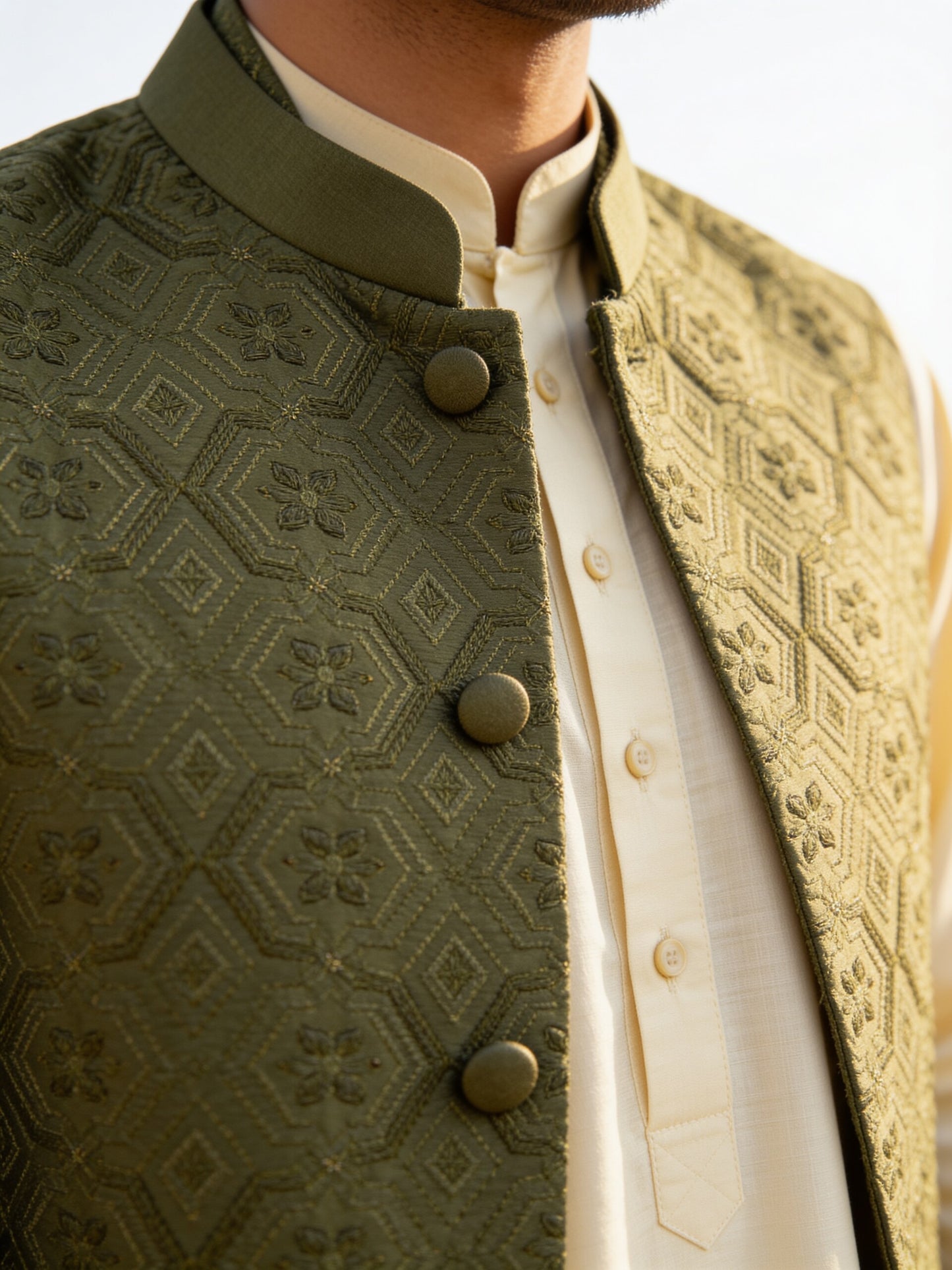 Herringbone & Sui — Embroidered Bundi Set — Olive, palace macro