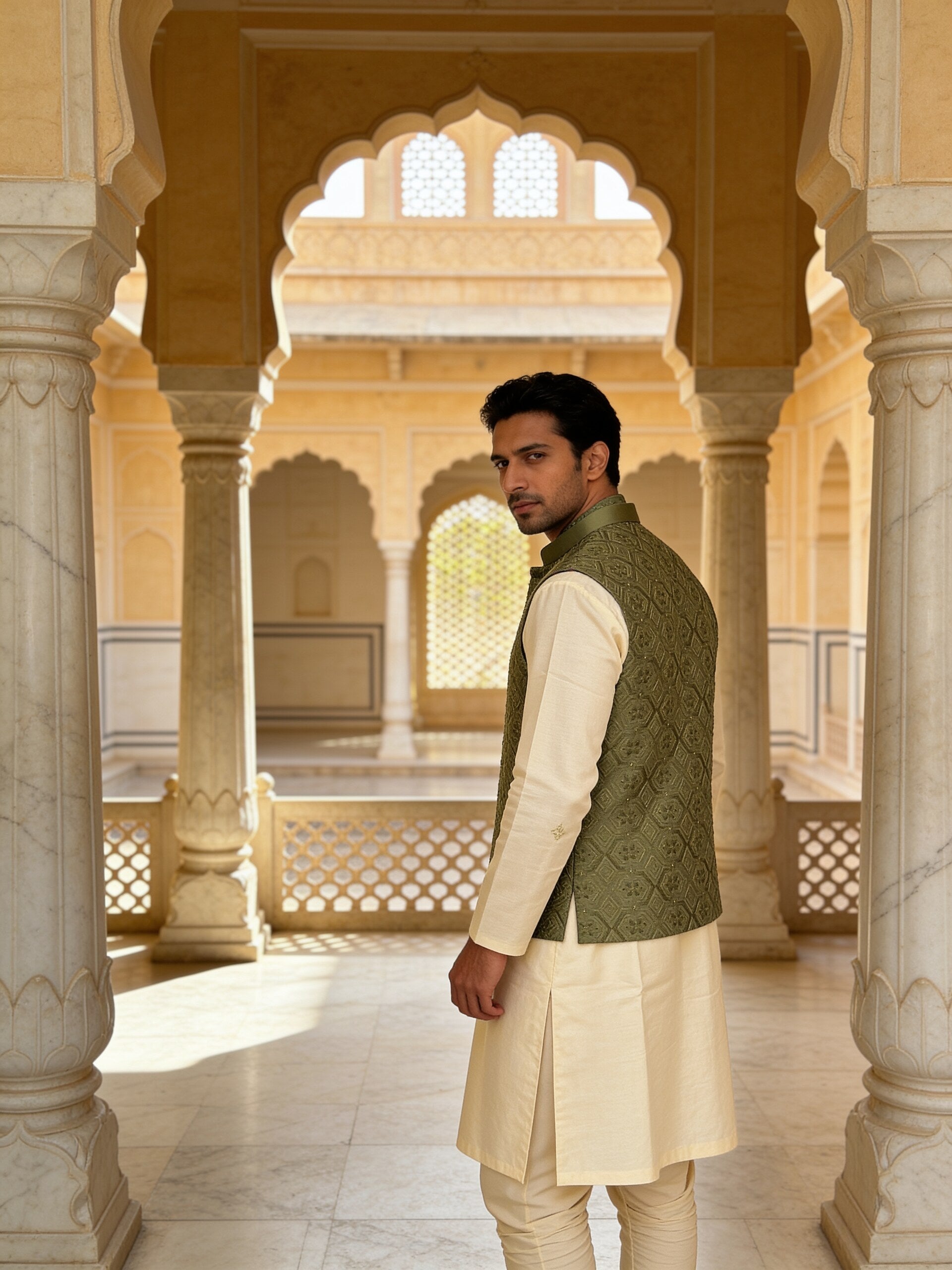 Herringbone & Sui — Embroidered Bundi Set — Olive, palace three-quarter