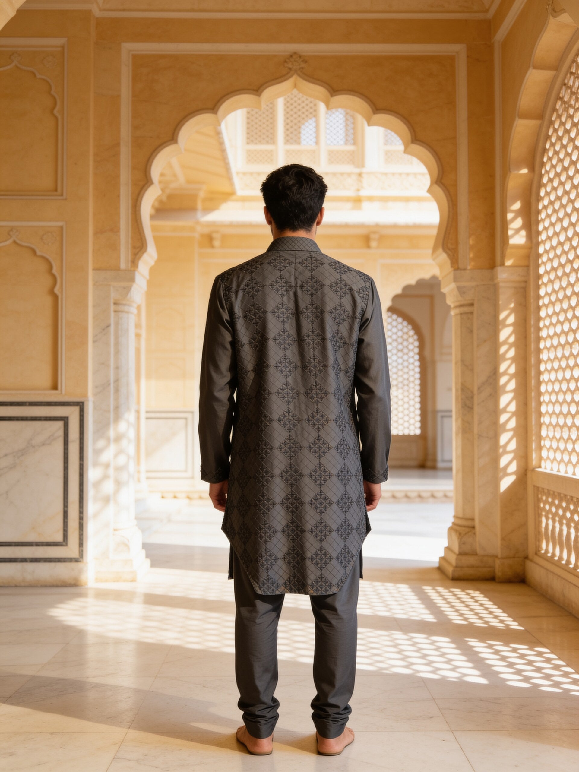 Herringbone & Sui — Embroidered Kurta — Charcoal, palace back
