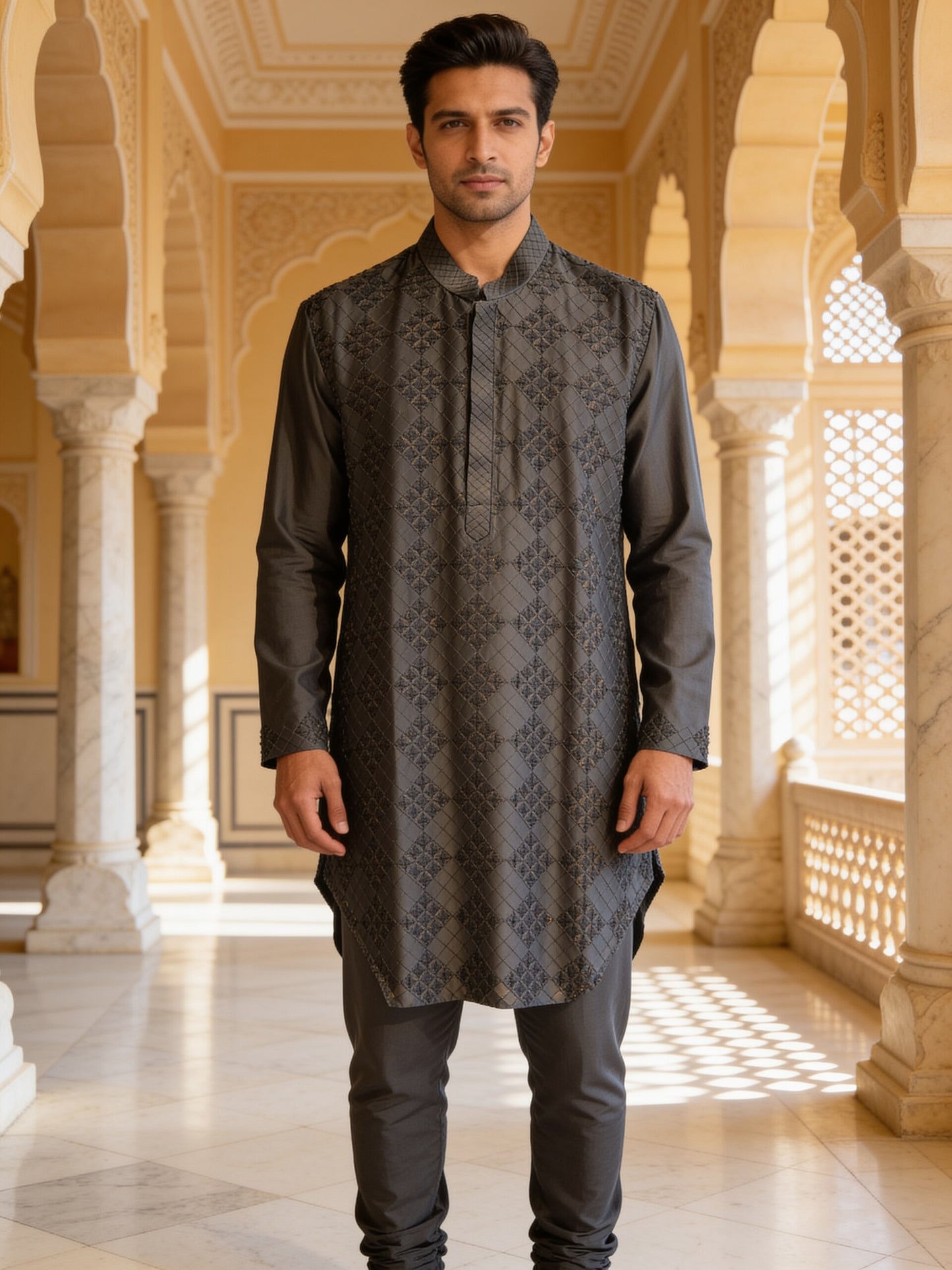 Herringbone & Sui — Embroidered Kurta — Charcoal, palace front