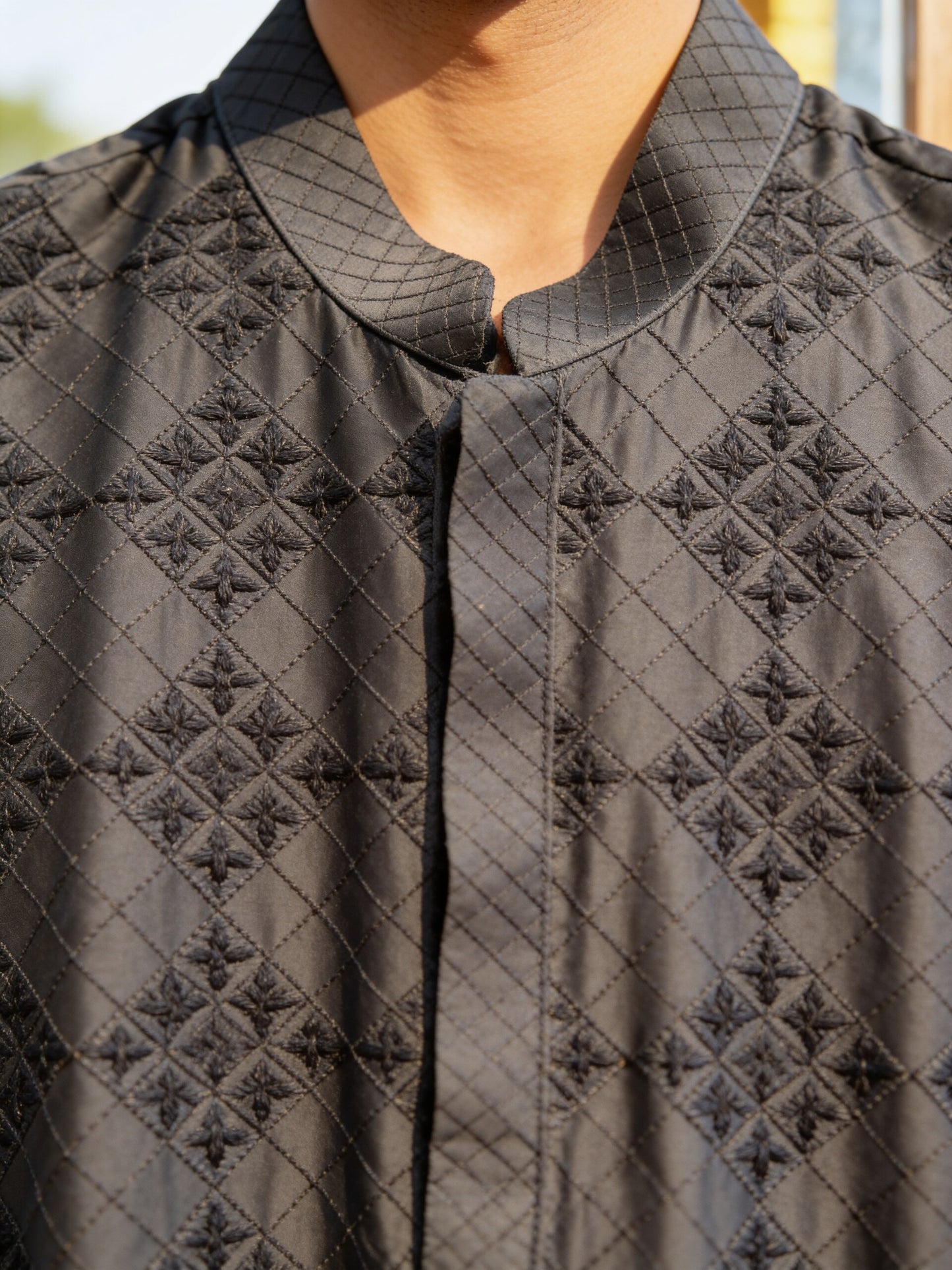 Herringbone & Sui — Embroidered Kurta — Charcoal, palace macro