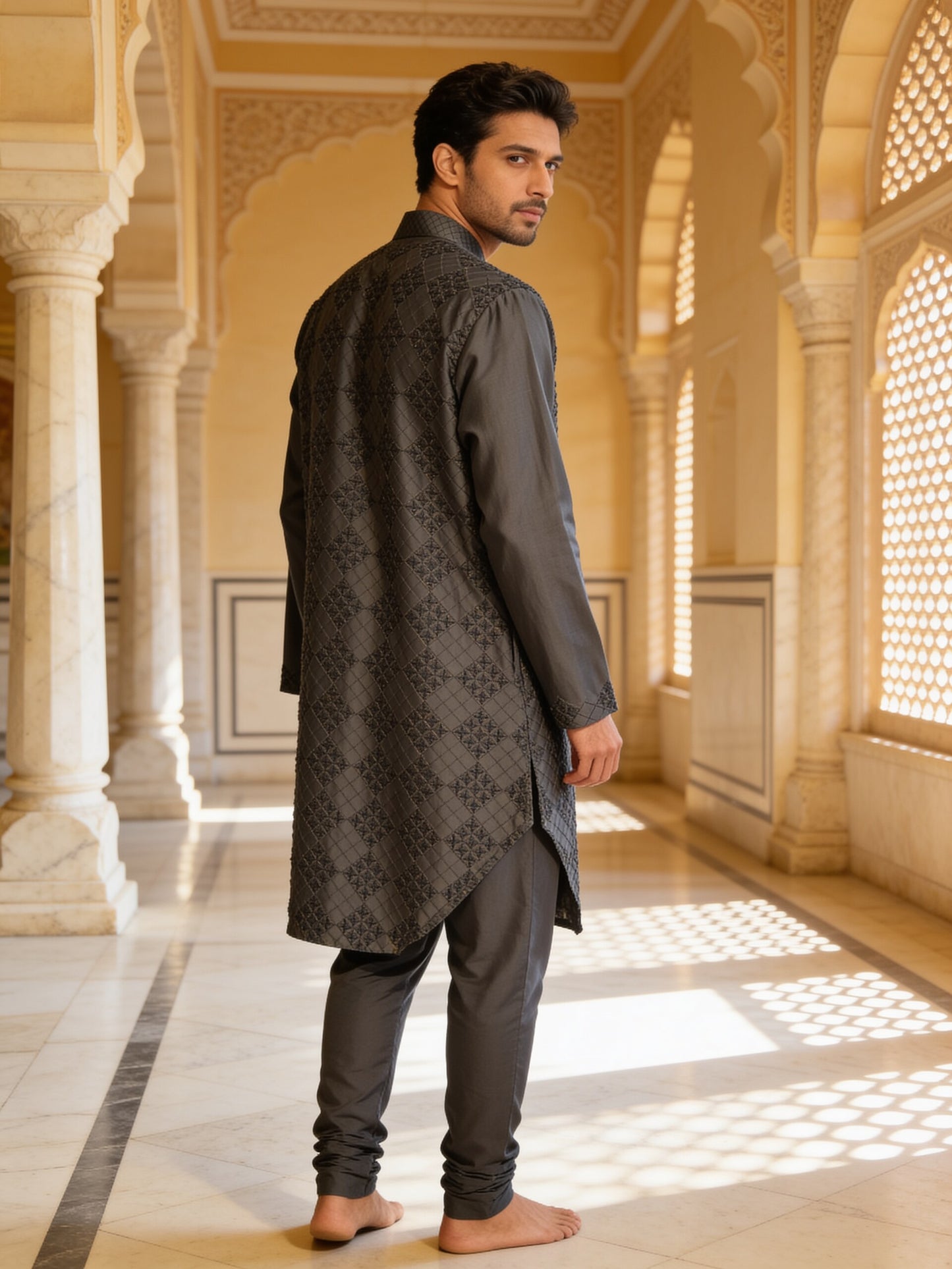 Herringbone & Sui — Embroidered Kurta — Charcoal, palace three-quarter