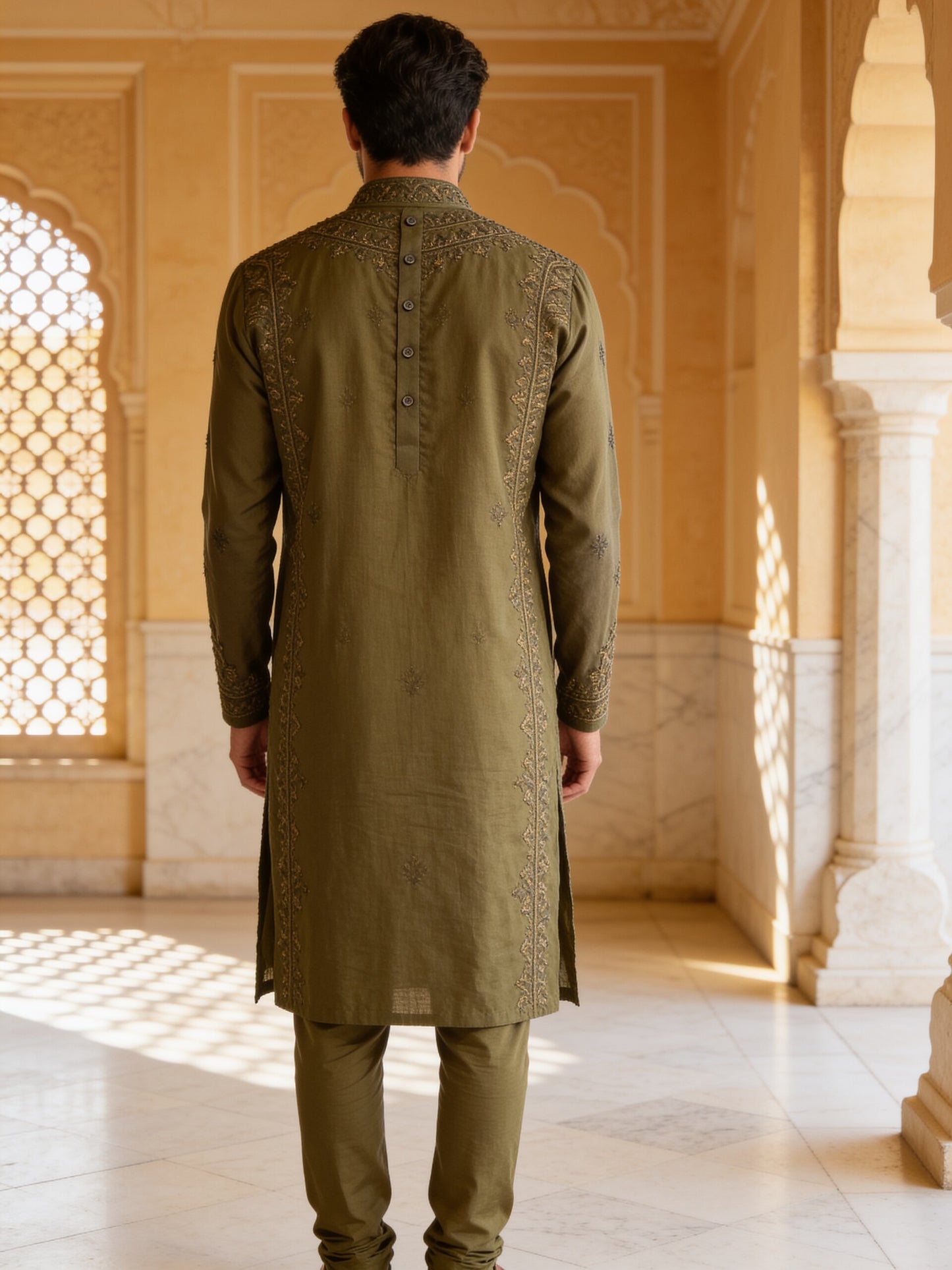 Herringbone & Sui — Embroidered Kurta — Olive, palace back
