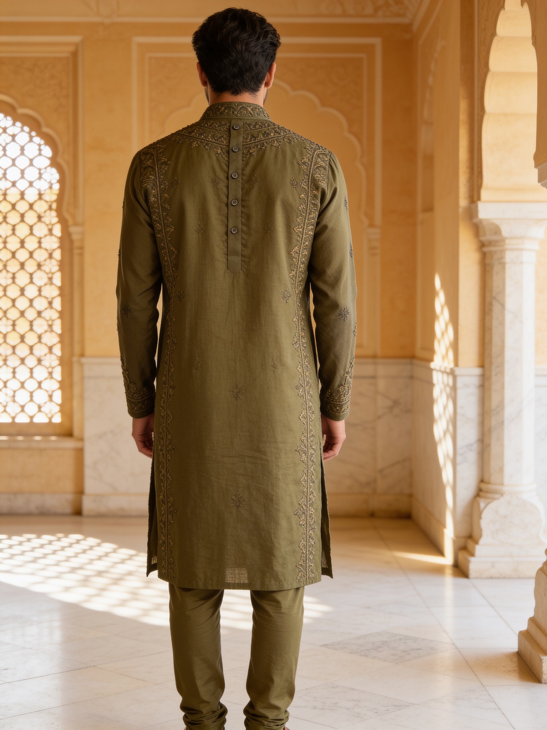 Herringbone & Sui — Embroidered Kurta — Olive, palace back