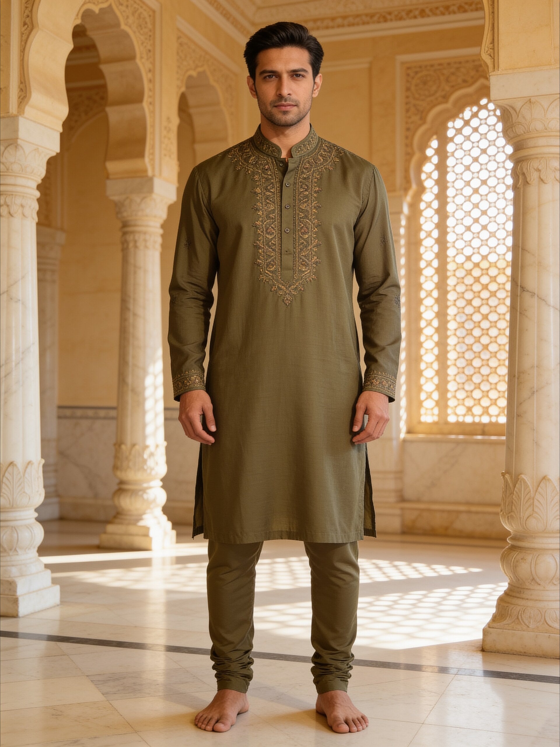 Herringbone & Sui — Embroidered Kurta — Olive, palace front