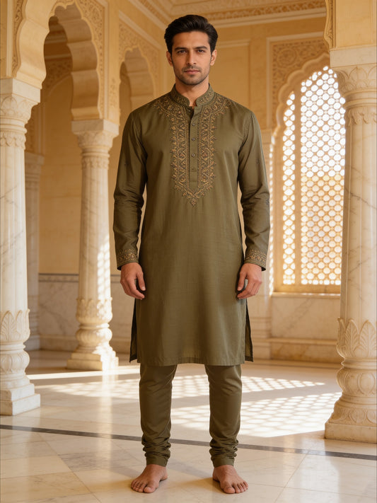 Herringbone & Sui — Embroidered Kurta — Olive, palace front