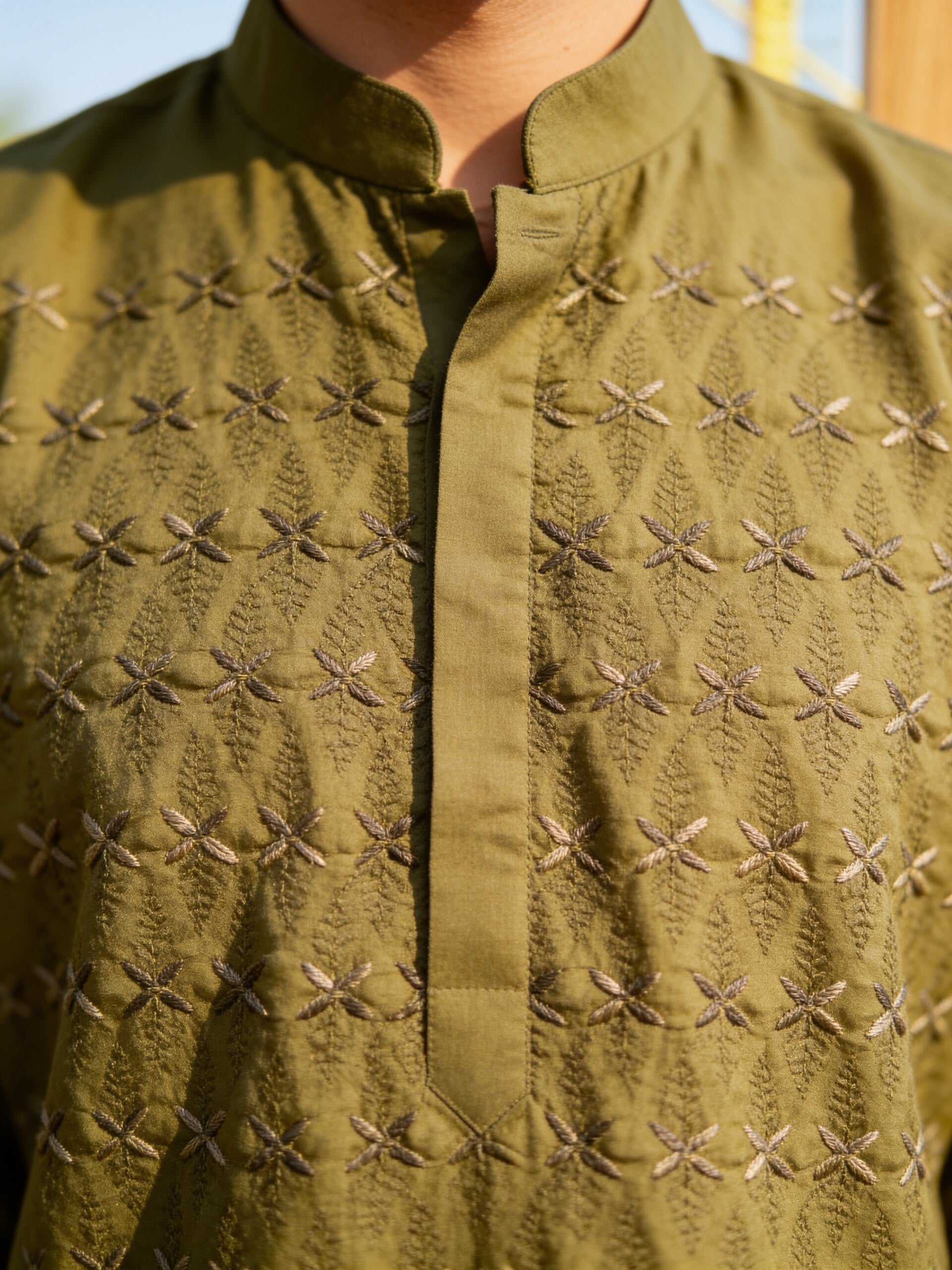 Herringbone & Sui — Embroidered Kurta — Olive, palace macro
