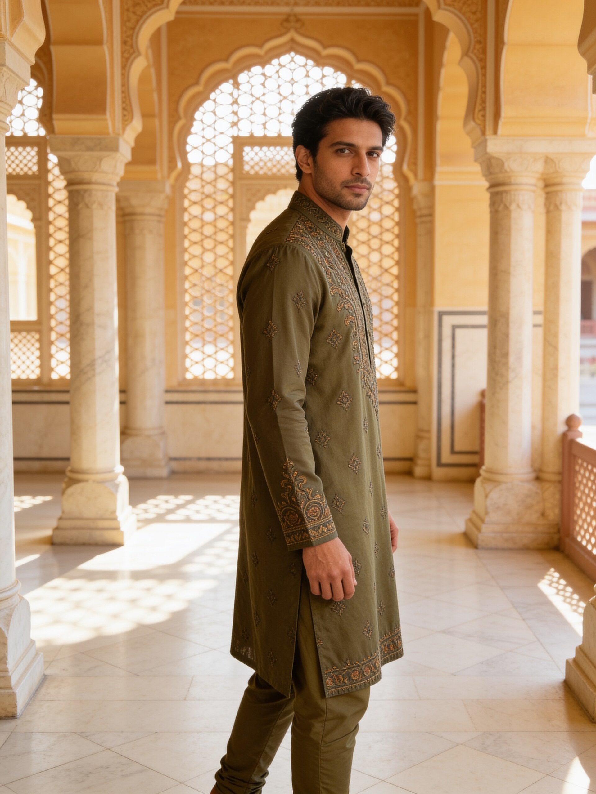 Herringbone & Sui — Embroidered Kurta — Olive, palace three-quarter