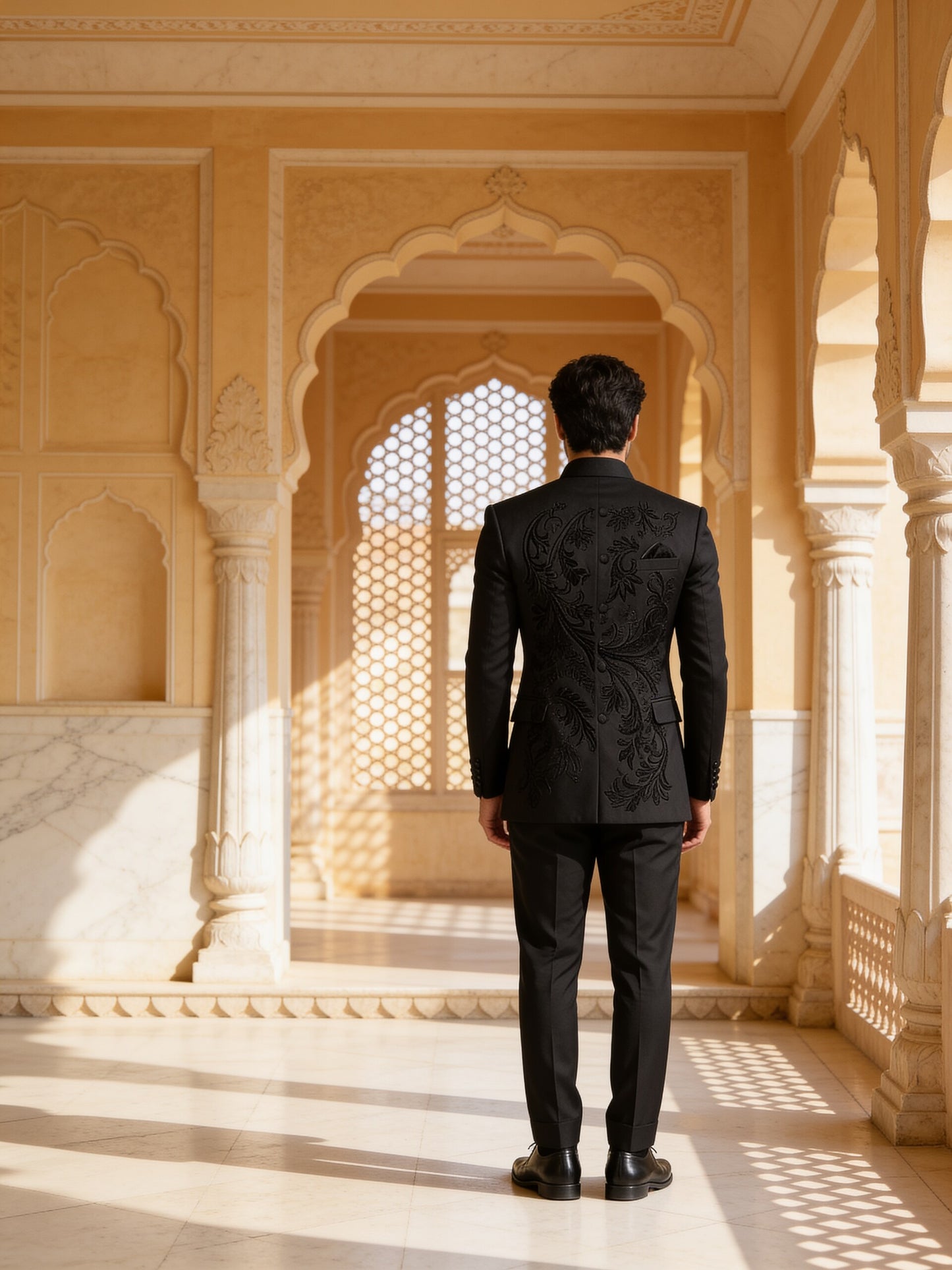 Herringbone & Sui — Paisley Bandhgala Suit — Black, palace back