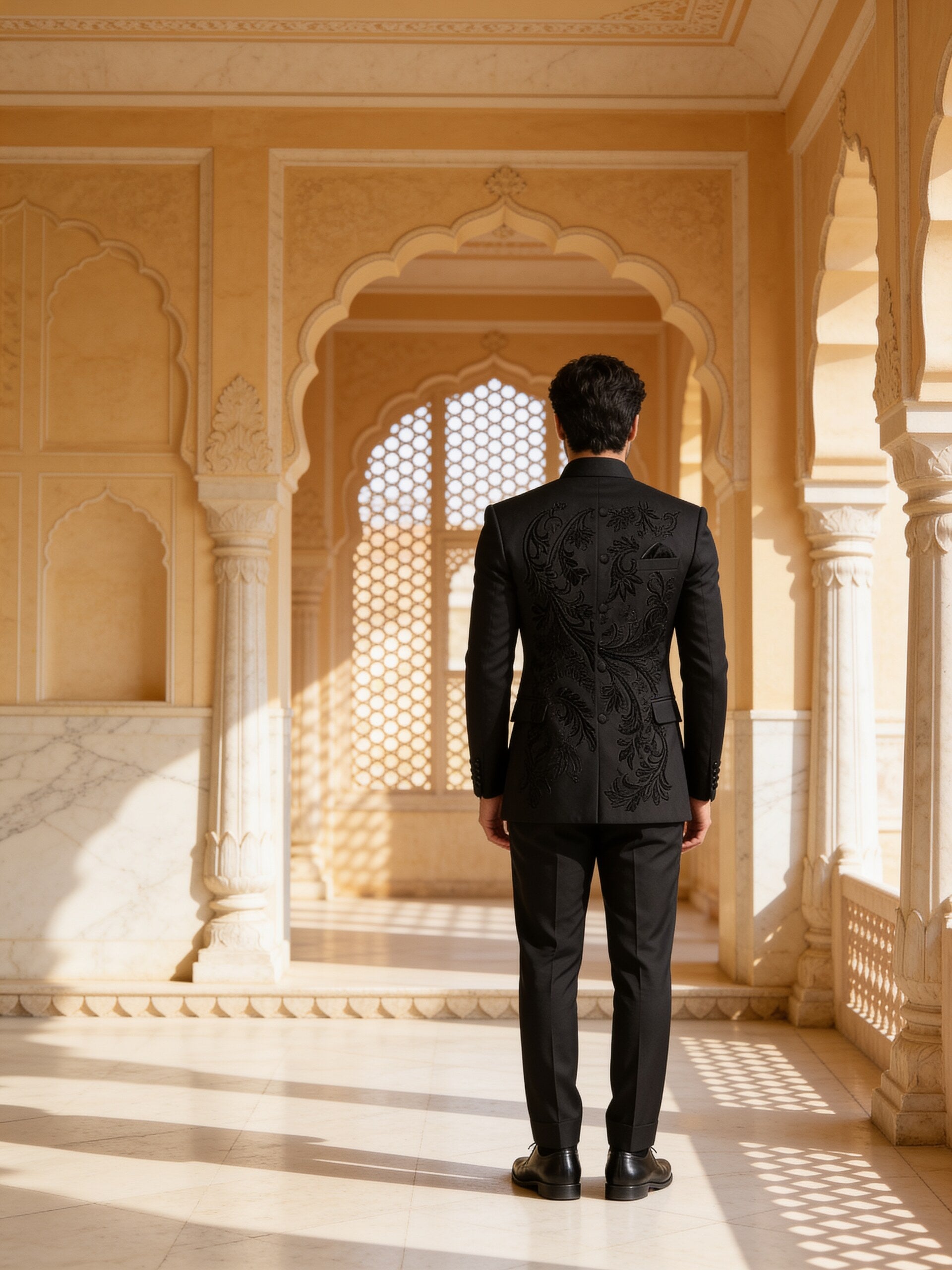 Herringbone & Sui — Paisley Bandhgala Suit — Black, palace back