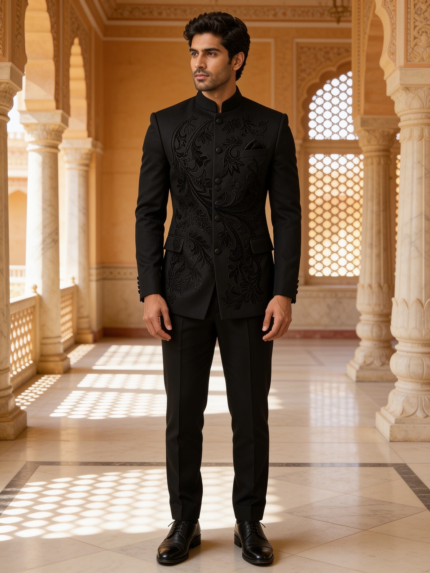 Herringbone & Sui — Paisley Bandhgala Suit — Black, palace front