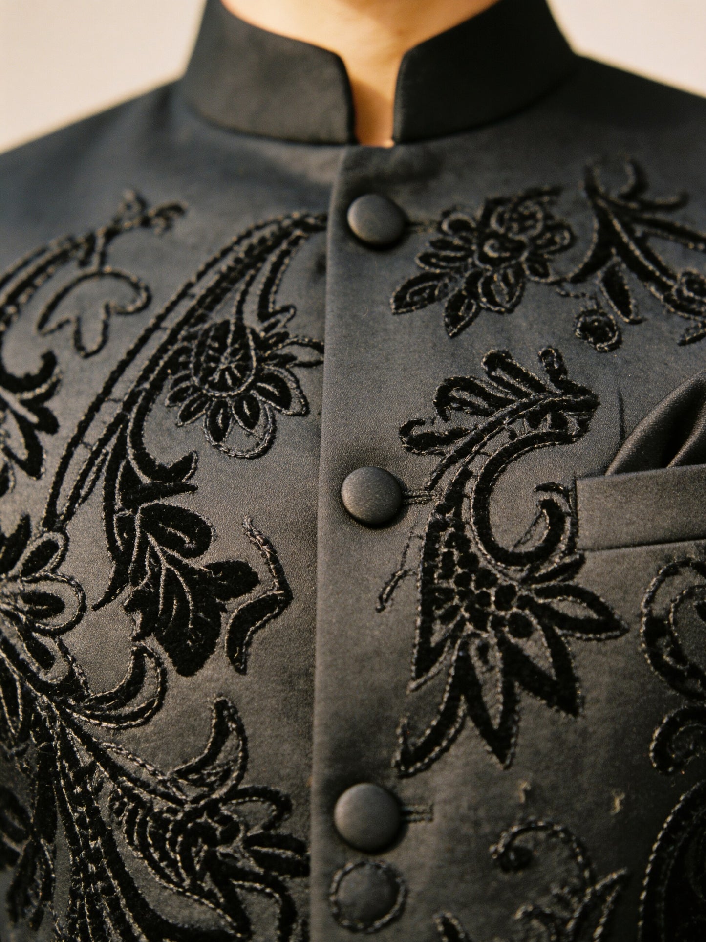 Herringbone & Sui — Paisley Bandhgala Suit — Black, palace macro