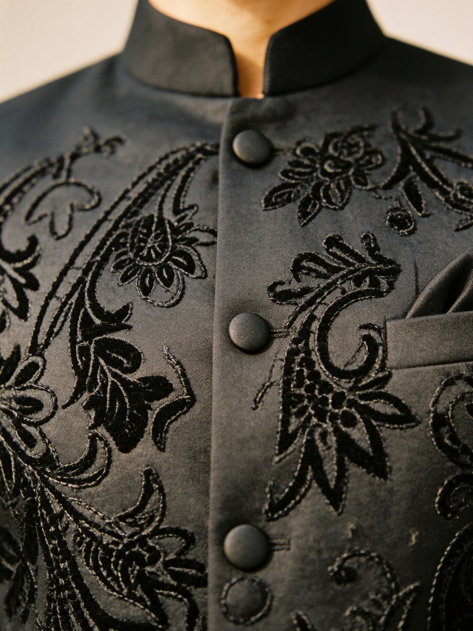 Herringbone & Sui — Paisley Bandhgala Suit — Black, palace macro