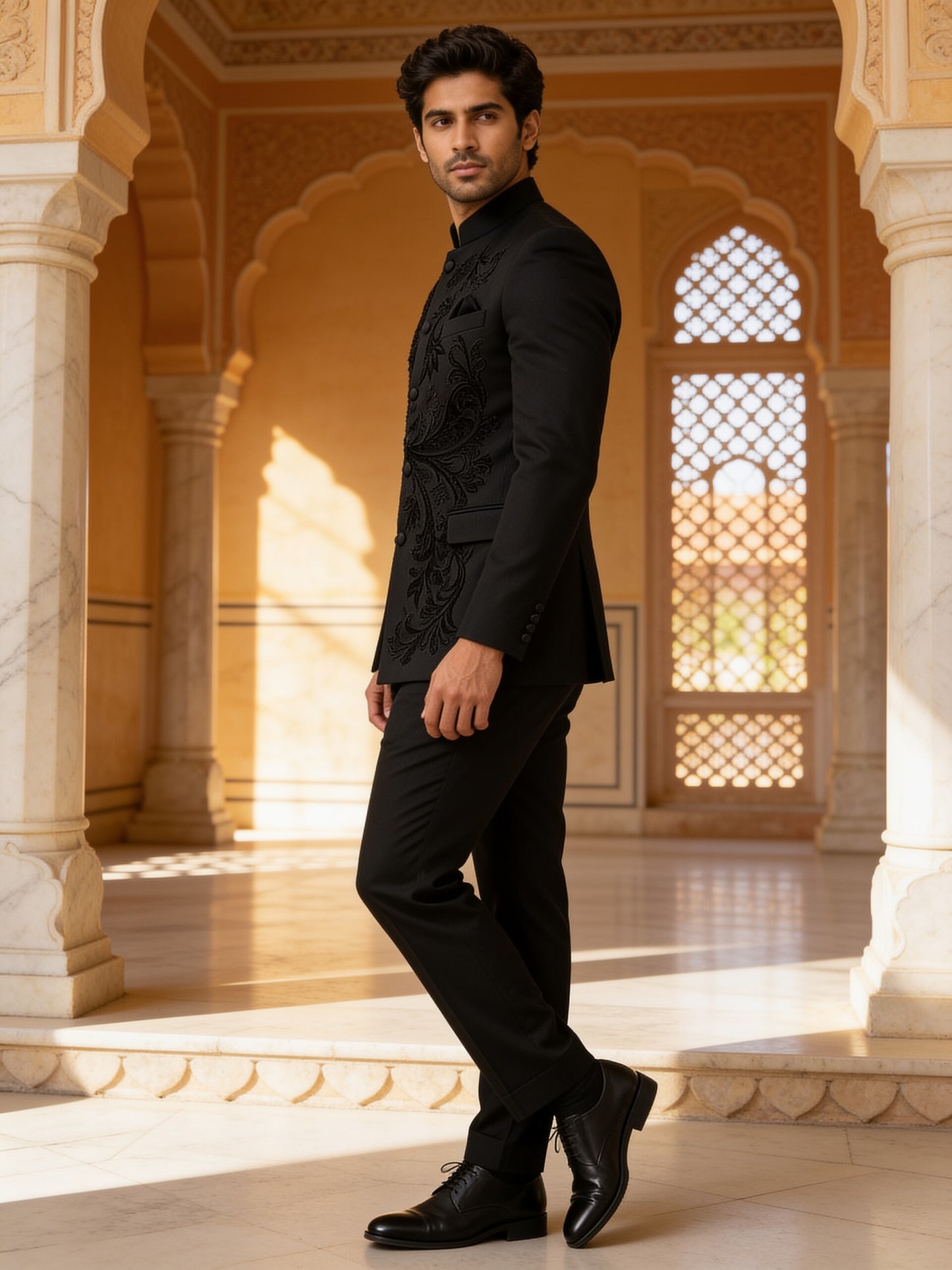 Herringbone & Sui — Paisley Bandhgala Suit — Black, palace three-quarter