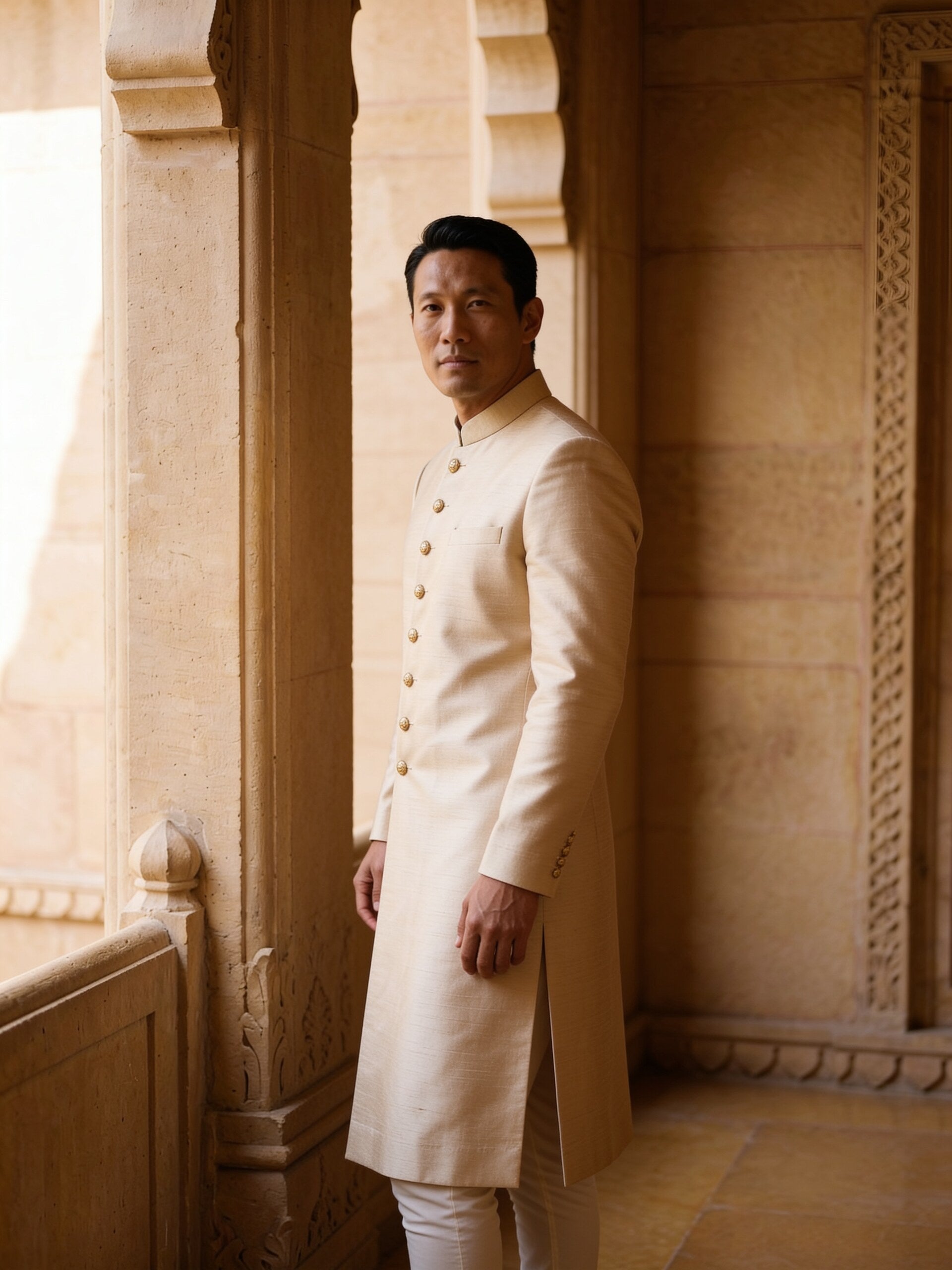 hs26-raw-silk-sherwani-champagne three-quarter