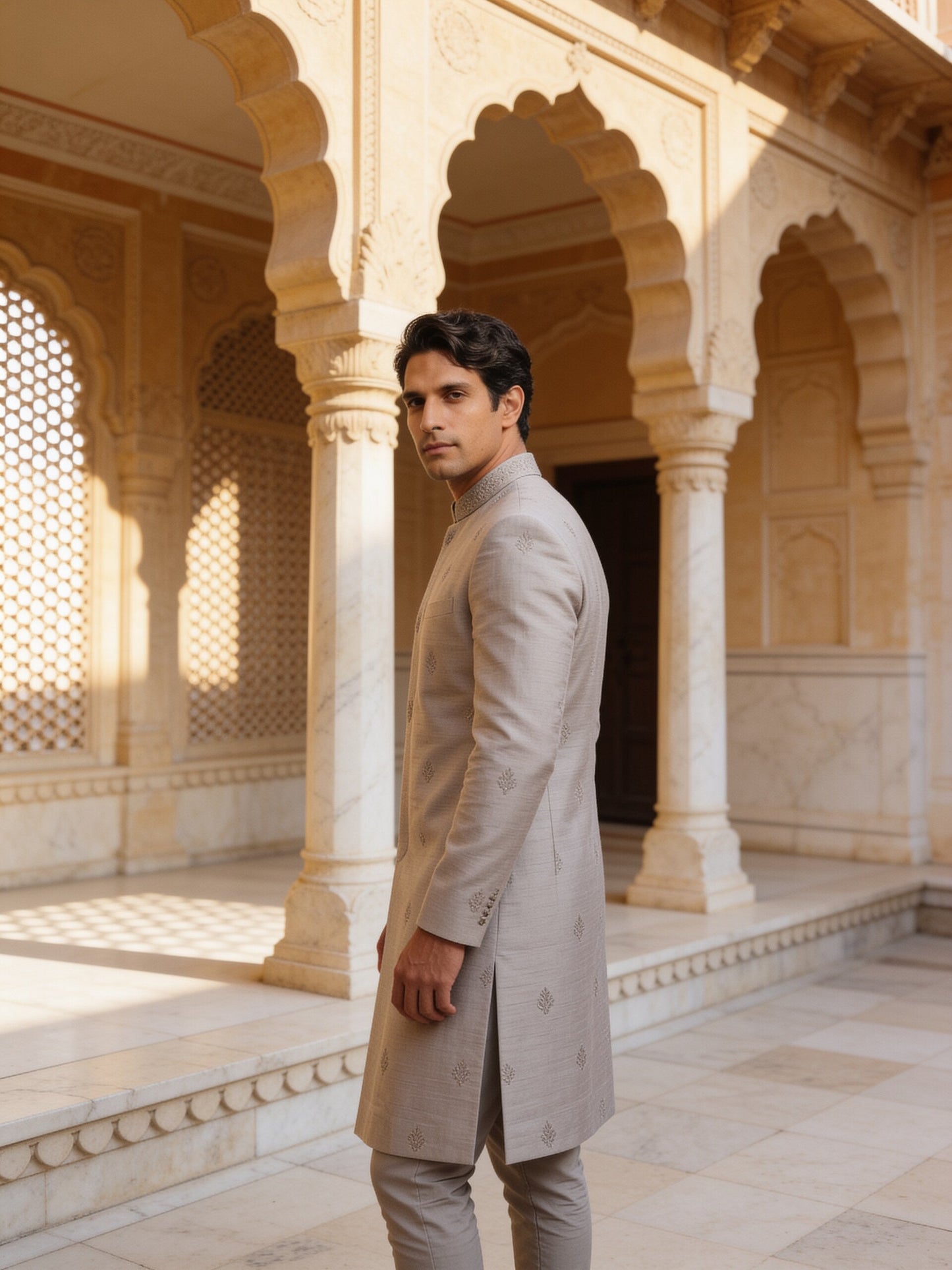 hs26-raw-silk-sherwani-stone three-quarter