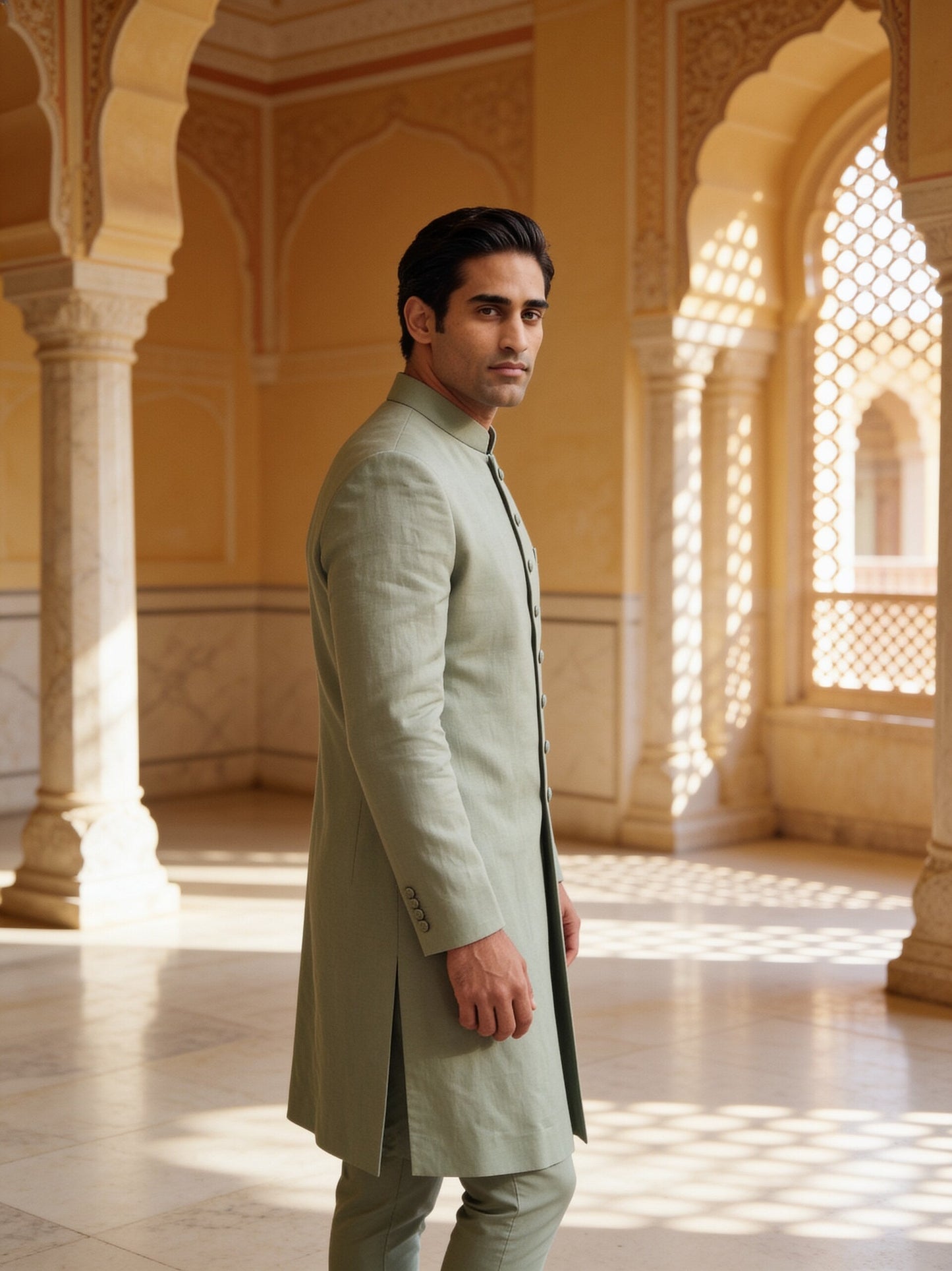 hs26-sherwani-sage three-quarter