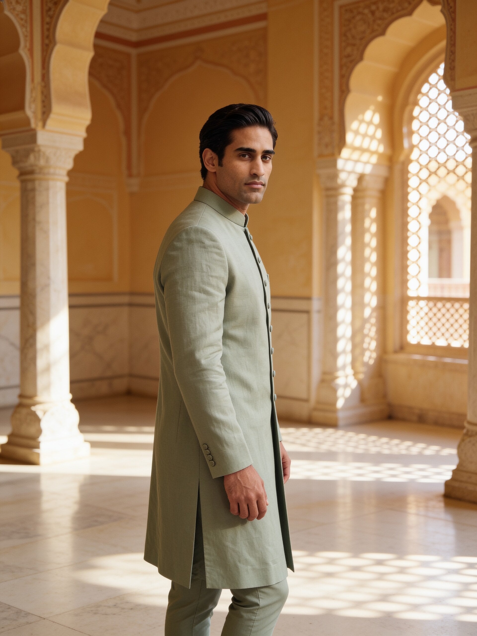 hs26-sherwani-sage three-quarter