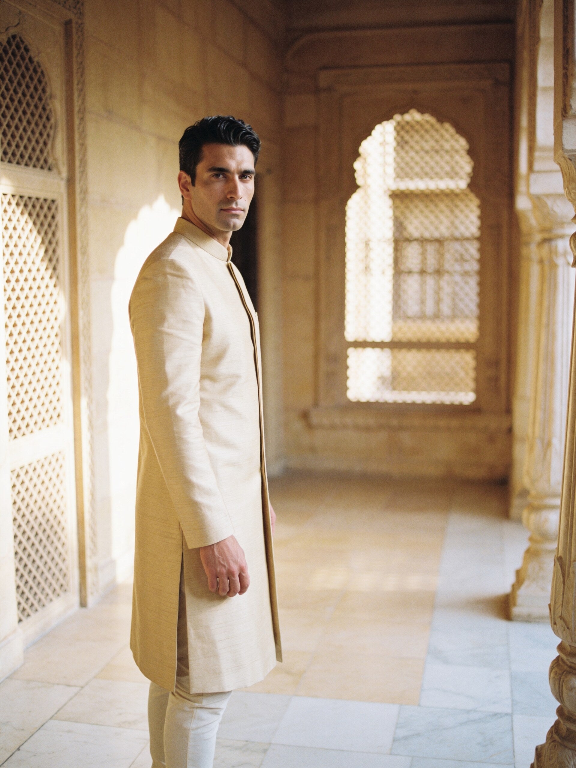 hs26-silk-sherwani-gold three-quarter