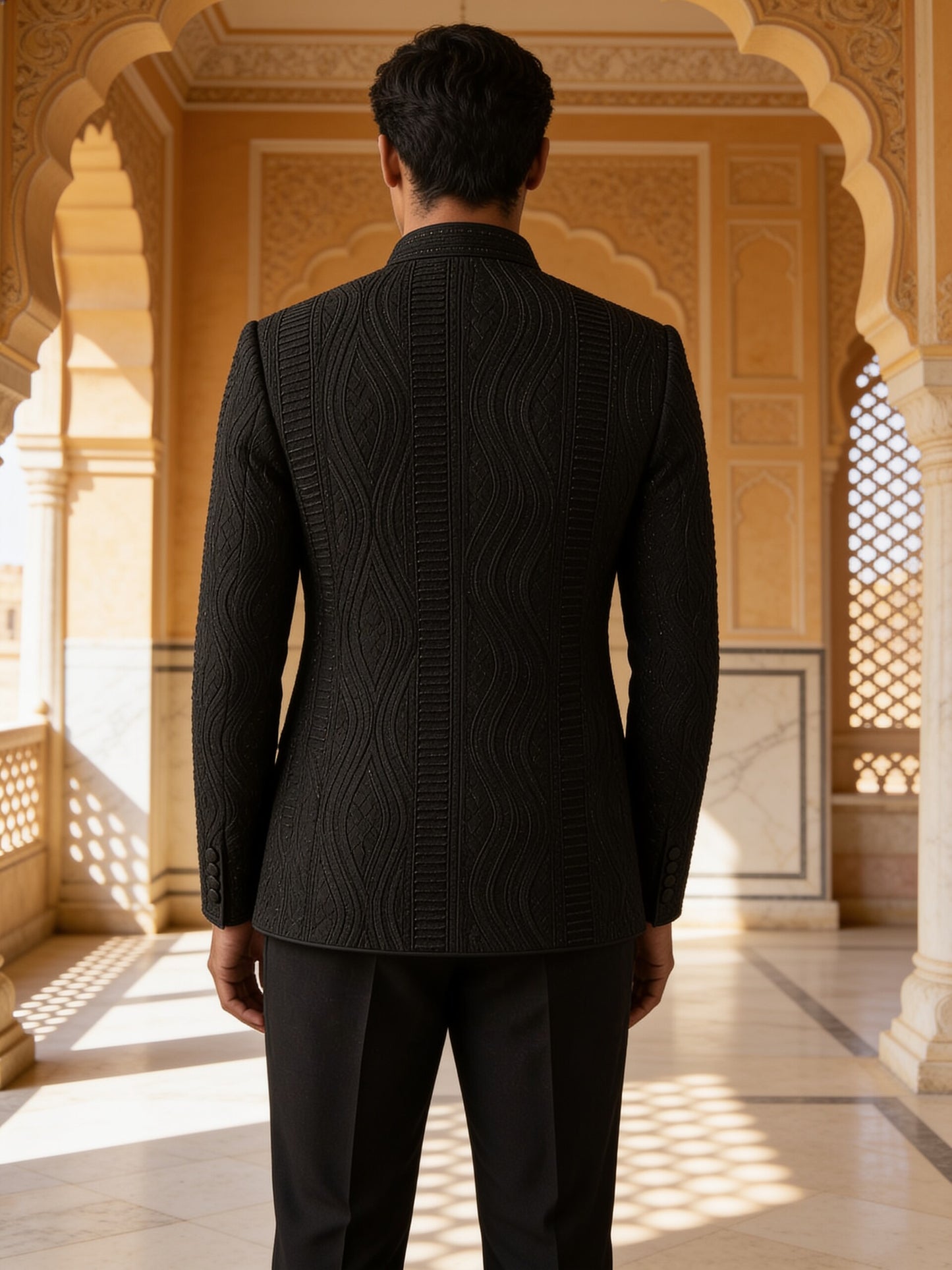 Herringbone & Sui — Textured Bandhgala Suit — Black, palace back