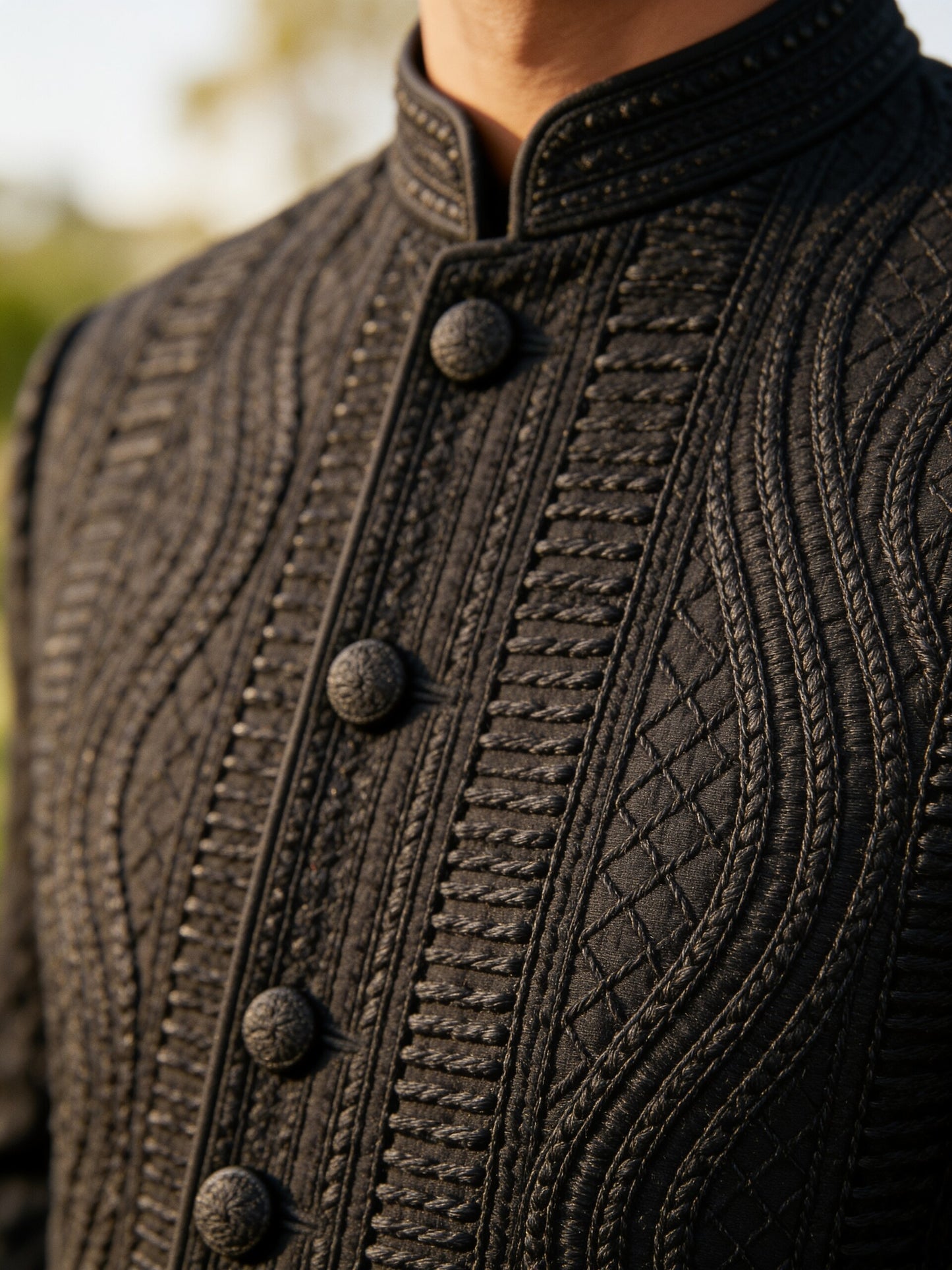 Herringbone & Sui — Textured Bandhgala Suit — Black, palace macro
